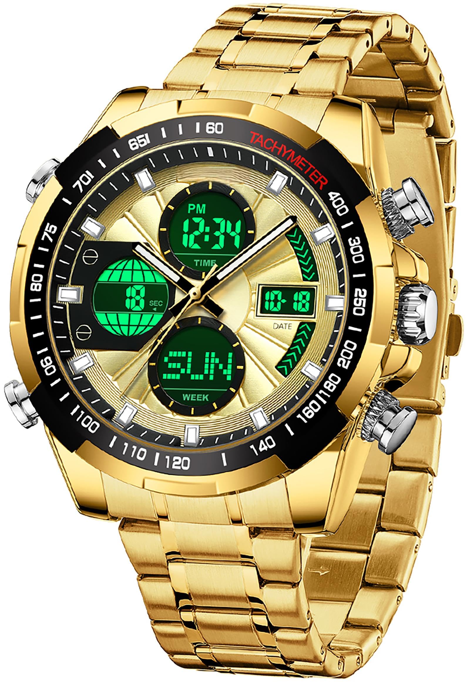 findtime Relojes de lujo para hombre, acero inoxidable, dorado, reloj de pulsera para hombre, con alarma, temporizador, fecha, cronómetro, resistente al agua, 5 ATM, reloj analógico digital para