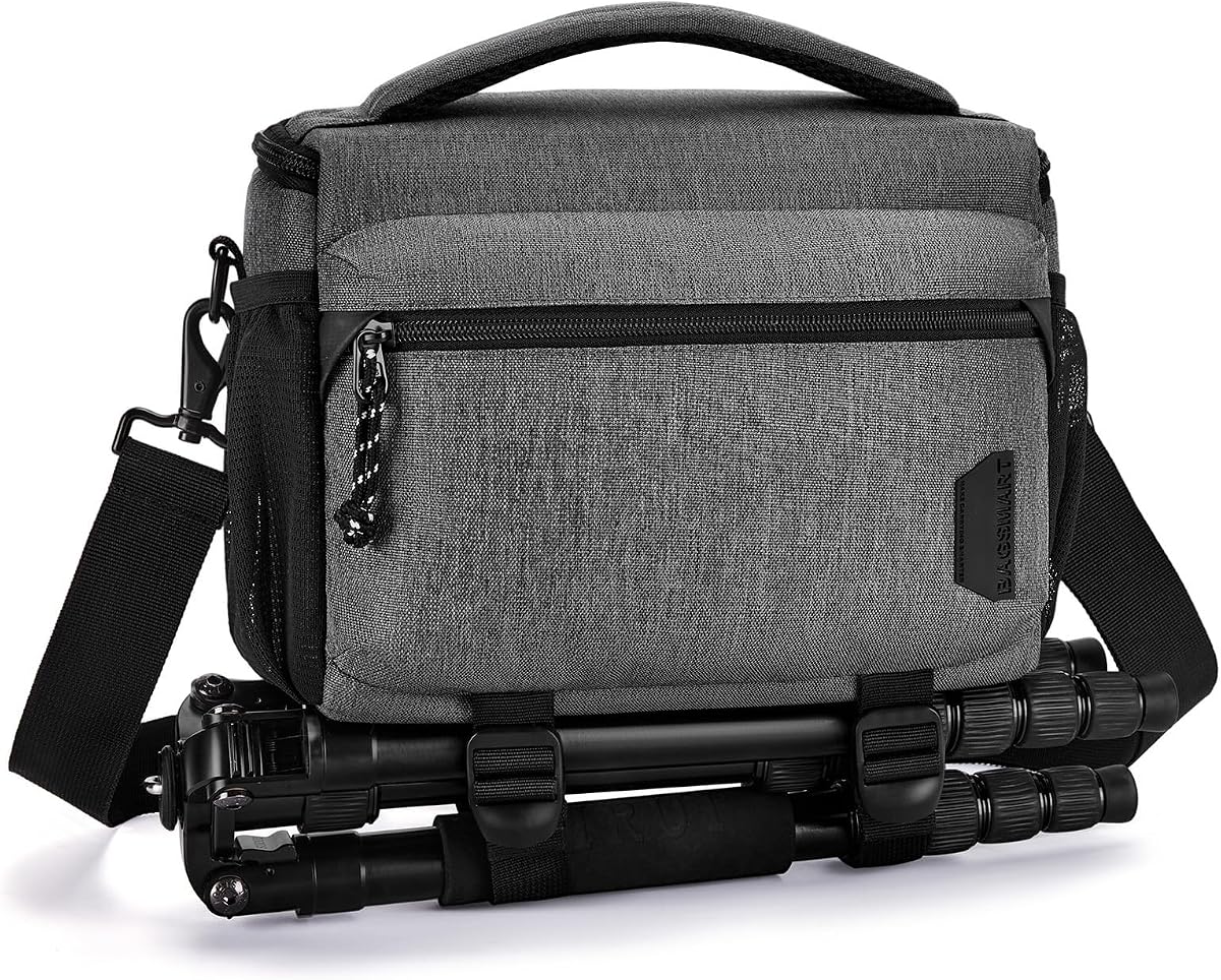 BAGSMART Camera Sling Bag with Tripod Holder & Rain Cover, Waterproof, Grey | Small Camera Shoulder Bags for DSLR/SLR/Mirrorless Cameras, Compact Crossbody Camera Case