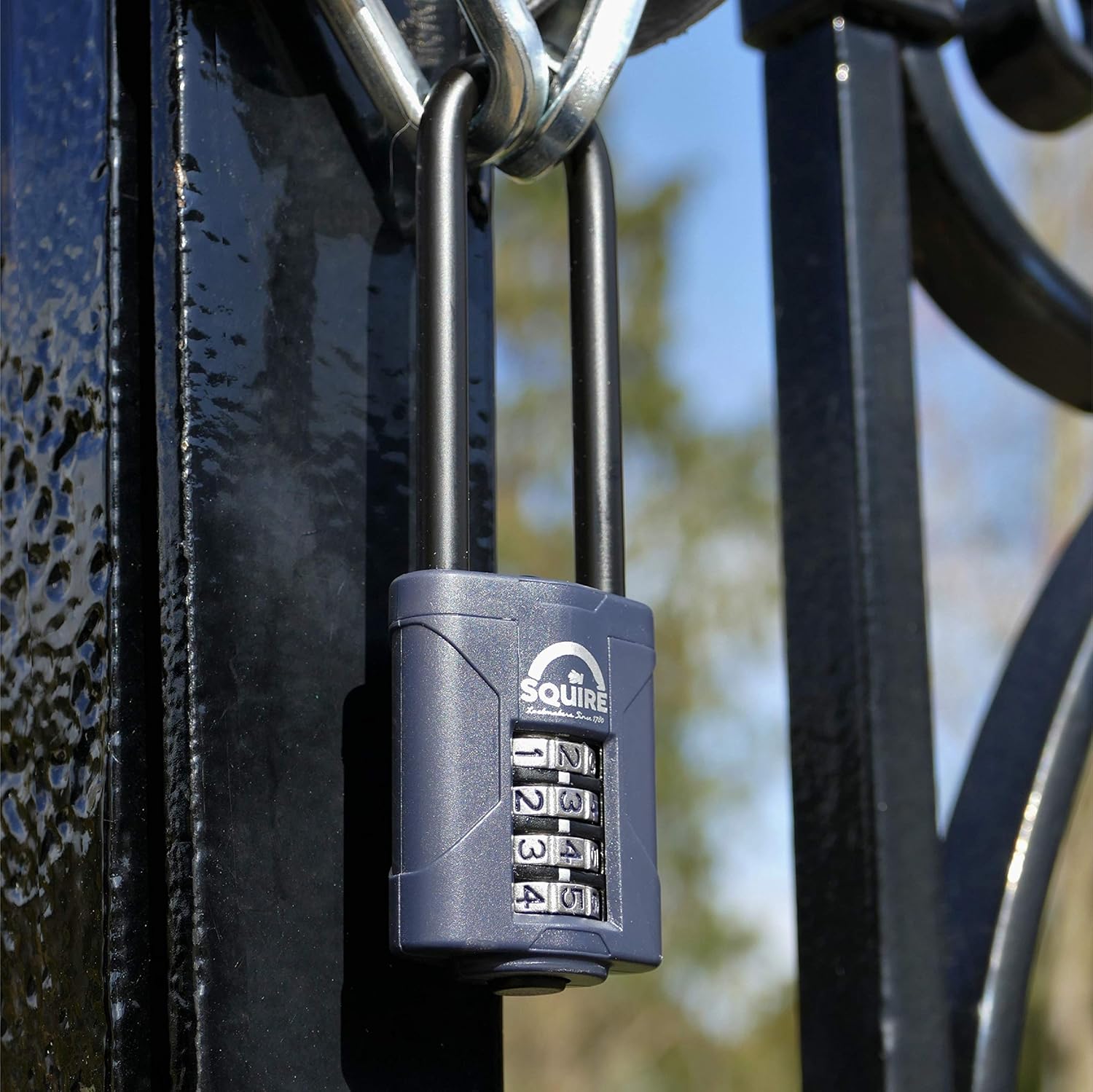 Squire CP40/2.5 padlock securing a gate