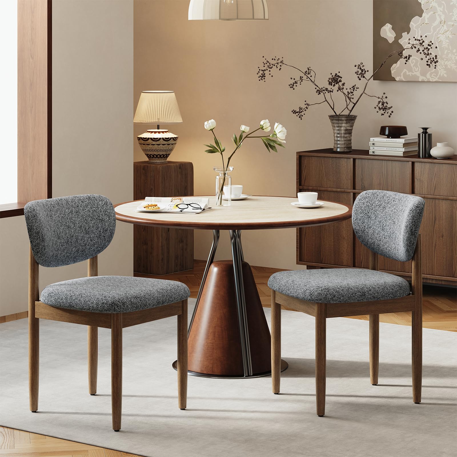 Dining Chairs Set of 2, Upholstered Dining Room Chairs with Curved Backrest, High-Density Chenille Fabric, Thick Padded Seat and Solid Wood Frame, Modern Kitchen Chairs for Dining Room, Dark Grey