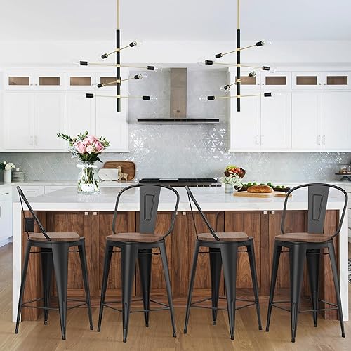 Miniatura 5 de HAOBO Home Juego de 4 taburetes de bar giratorios de metal con respaldo alto (negro mate con asiento de madera, giratorios de 24 pulgadas)