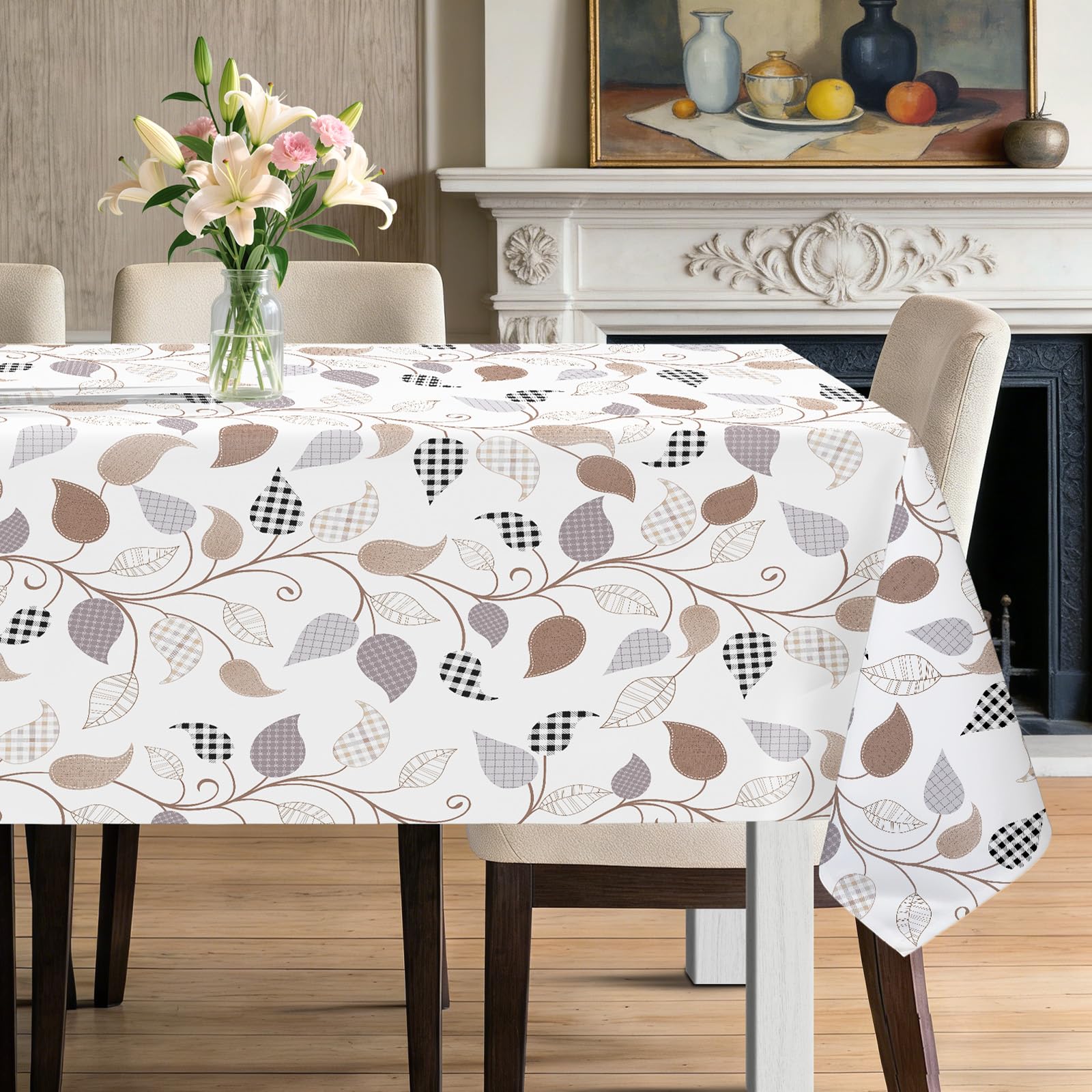 hometrixx Table Cloth Rectangle Leaves Plaid Washable Wipeable Polyester Tablecloth Stain Wrinkle Resistant Oil Proof Table Cover Kitchen Decor for Dinner Picnic Outdoor, 152×264cm