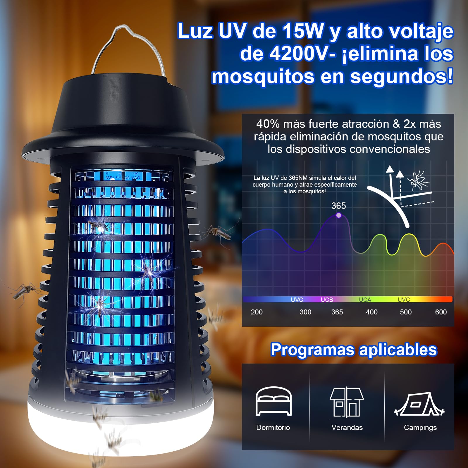 Lampara antimosquitos Exterior con LED, Mata Mosquitos electrico 4200V+15W UV, No tóxico e Inodoro, IPX4, Atrapa eficazmente Mosquitos, Moscas y Polilla