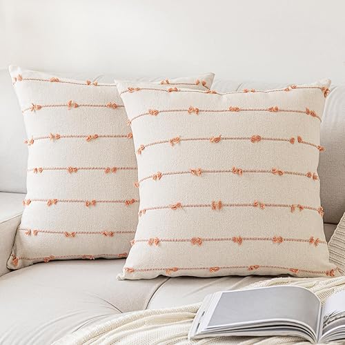 YEENAASY Fundas de Almohadas Decorativas Boho 16x16 Juego de 2 Modernas Estilo Granja Decorativas Funda de Cojín con Mechones Cuadradas Fundas de