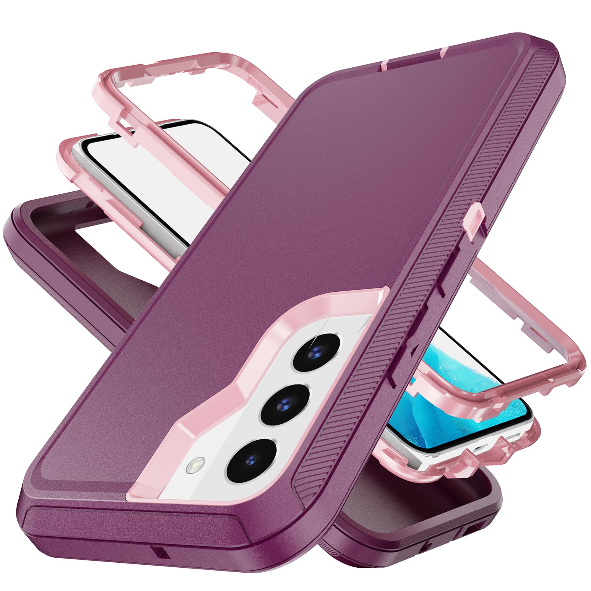 YmhxcYS22 Case, Drop Proof 3-Layer Durable Cover for Samsung Galaxy S22 - Shockproof Armor Protection, Solid Rubber Protective Matte Case, Fuchsia/Pink