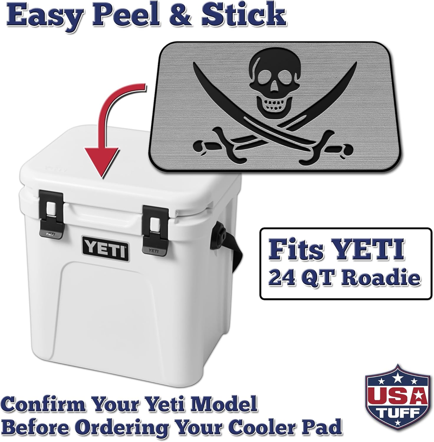 USATuff SeaDek EVA Mat Cooler Pad fits YETI | Peel & Stick Application | Non Slip Comfort Accessories - Pirate Jolly Roger Design (StormGray-Black)