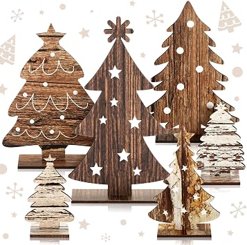 Cinnvoice 6 Pcs Wooden Christmas Trees Tabletop Decor Rustic Wood Christmas Trees Xmas Centerpieces Table Wooden Signs Farmhouse Table Home Decor for Home Office Farmhouse Classic