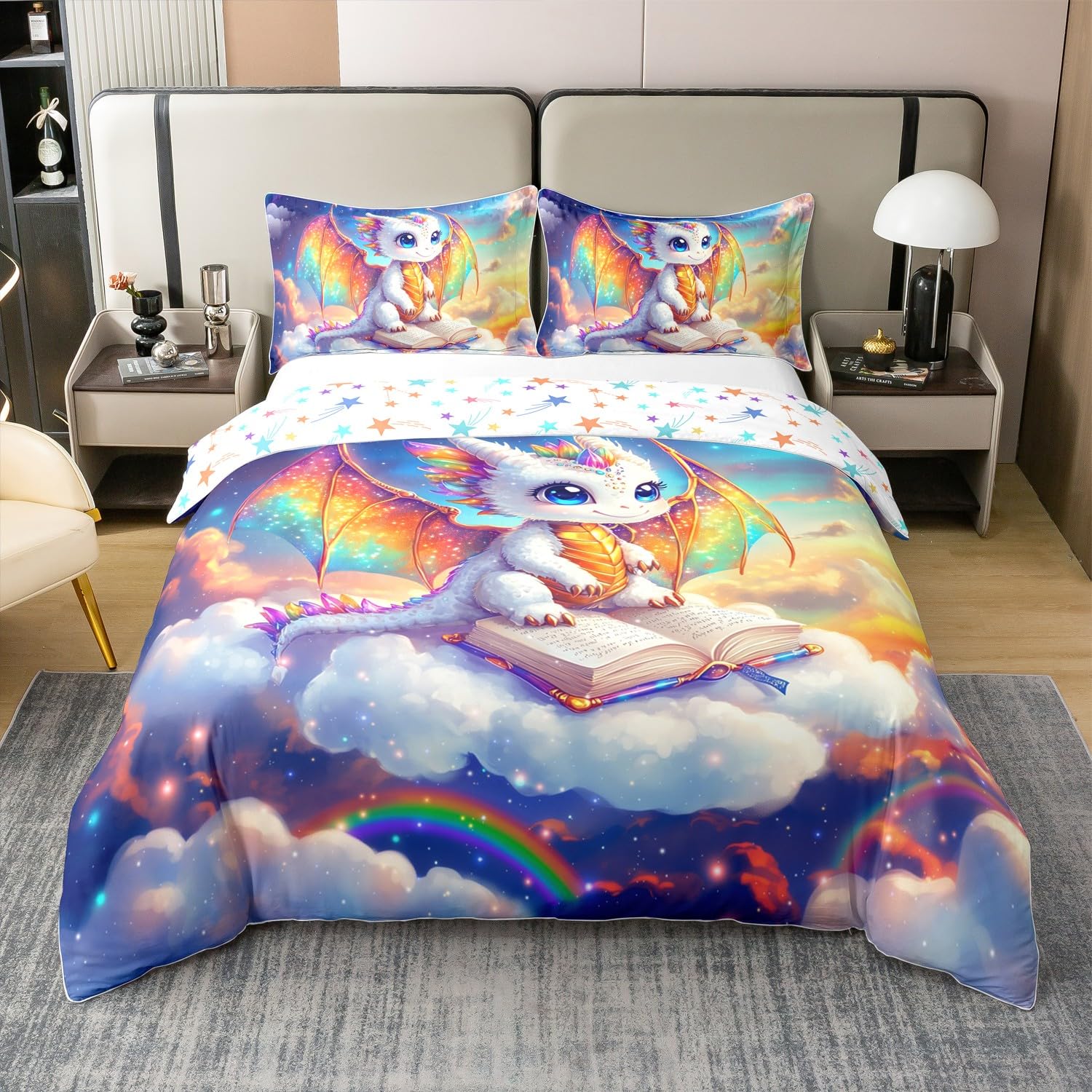 Housse de couette motif dragon parure de lit coton enfant arc-en-ciel et ciel étoilé