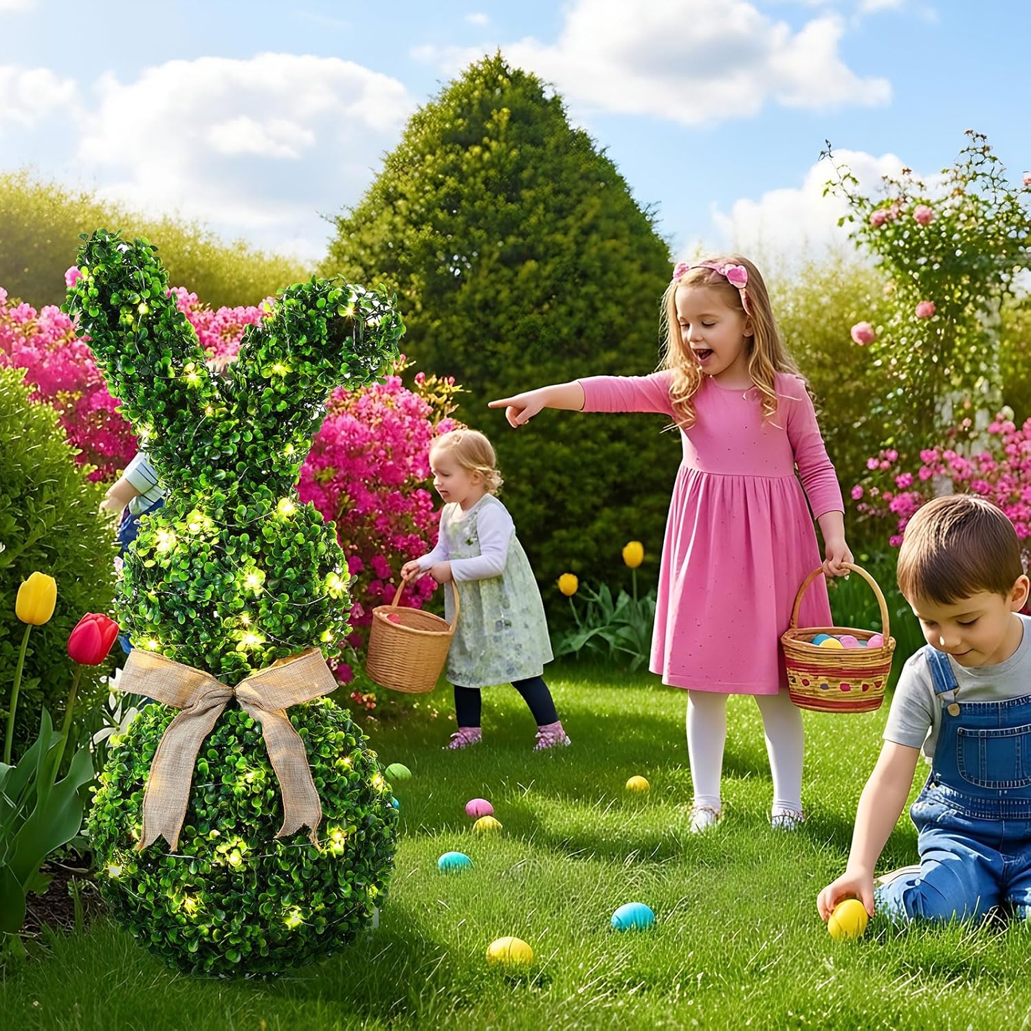 2 Pcs 31.5 Inch Easter Artificial Bunny Shaped Topiary Trees with Ground Spike, Spring Faux Boxwood Topiary Rabbit Bushes Potted Fake Shrubs for Garden Patio Front Porch Indoor Outdoor Decor