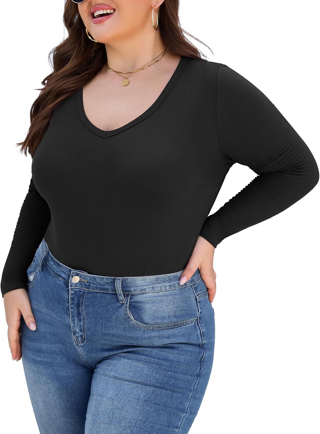 FOREYOND Women's Plus Size Long Sleeve Shirt V Neck Slim Fitted Tshirts Casual Basic Bodycon Basic Tops Undershirts
