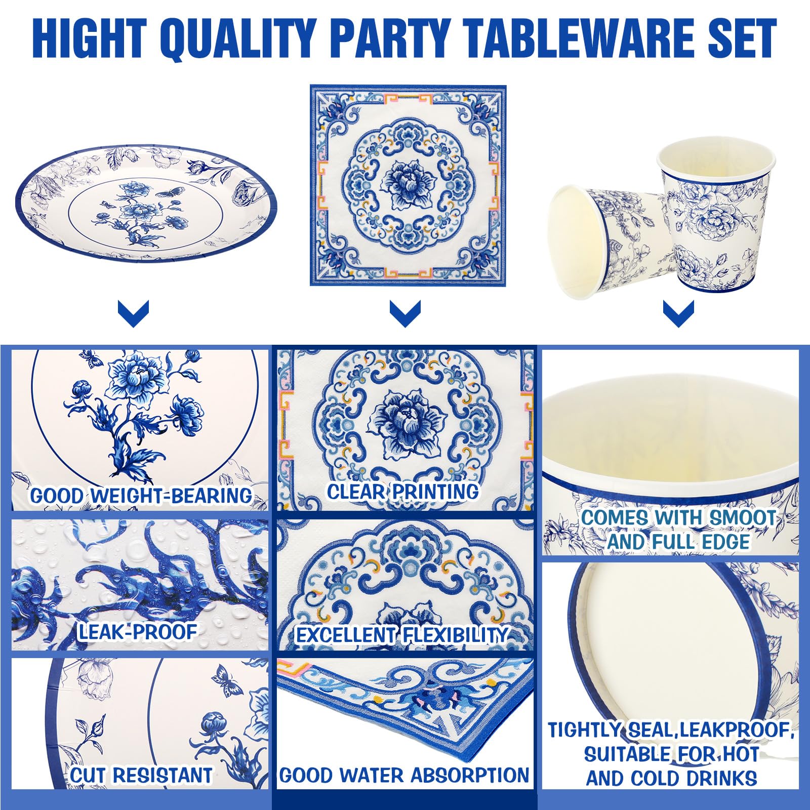 Snapklik.com : 200 Pcs Blue And White Floral Disposable Tableware Set 9 ...
