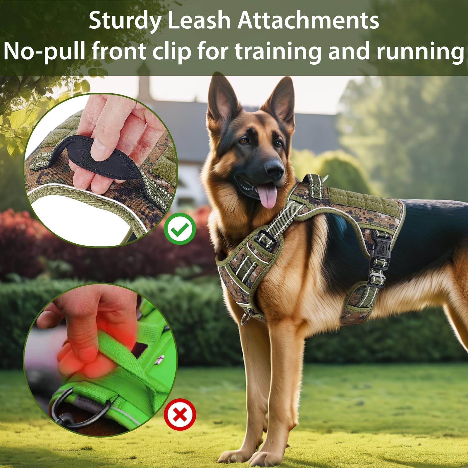 HEELE Arnés táctico para Perro, con Panel Molle, arnés para Perros pequeños, sin tirones, arnés Reflectante Acolchado Ajustable con asa para Entrenamiento y Caminar, Camo Verde, XL