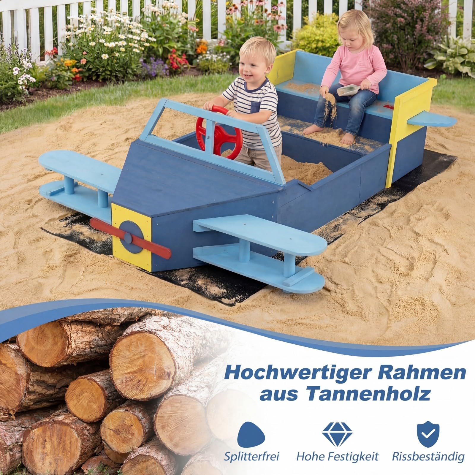 COSTWAY Sandkasten Kinder, Sandkiste Holz mit drehbarem Steuerrad, Buntem Propeller, seitlichen Flügeln & Sitzbank, blastbar bis 50 kg, Sandbox Outdoor für Kinder ab 18 Monaten