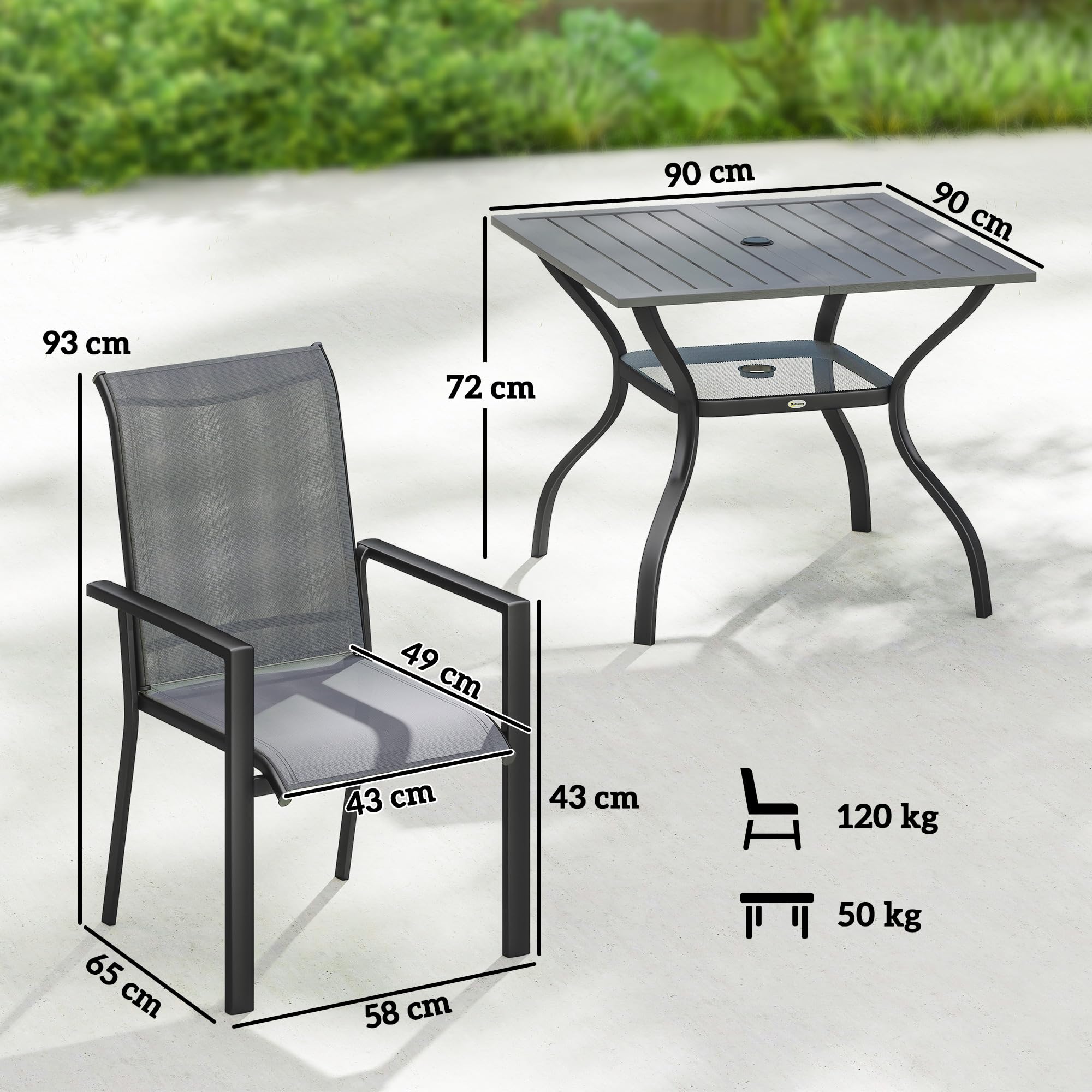 Outsunny Set Tavolo e Sedie da Giardino 5 Pezzi, Set da Pranzo con Tavolo, Foro per Ombrellone, 4 Sedie Impilabili in Texteline, Struttura in Acciaio, Set Mobili da Giardino per Terrazza Patio, Grigio