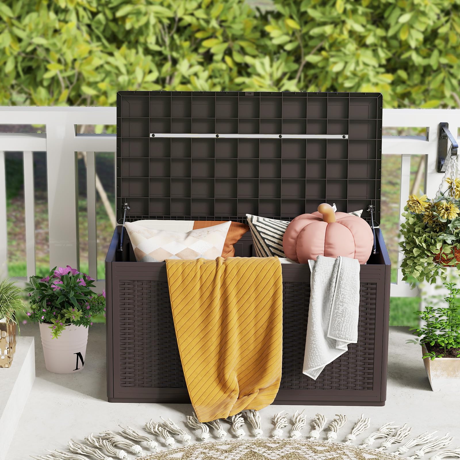 COSTWAY 380 L Gartenbox mit Rollen, Auflagenbox wasserdicht inkl. Deckel, Aufbewahrungsbox Gartentruhe mit Rattanstruktur für Poolzubehör, Gartengeräte & Balkon (Braun)