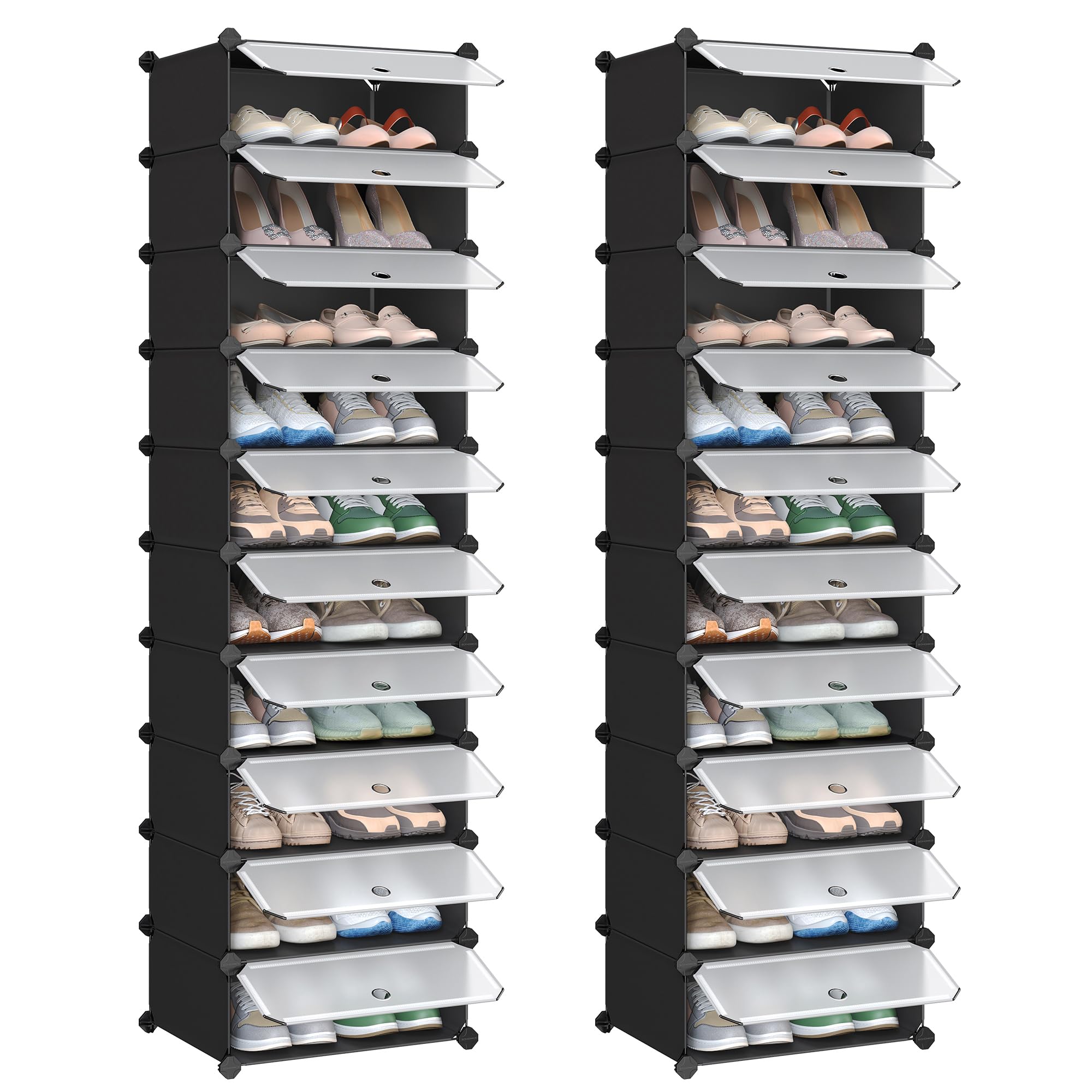 SONGMICS Schuhregal, Steckregal, Regalsystem, Schuh-Organizer, DIY-Regal, mit Tür, aus PP-Kunststoff, 10 Ebenen, schwarz LPC10HV1