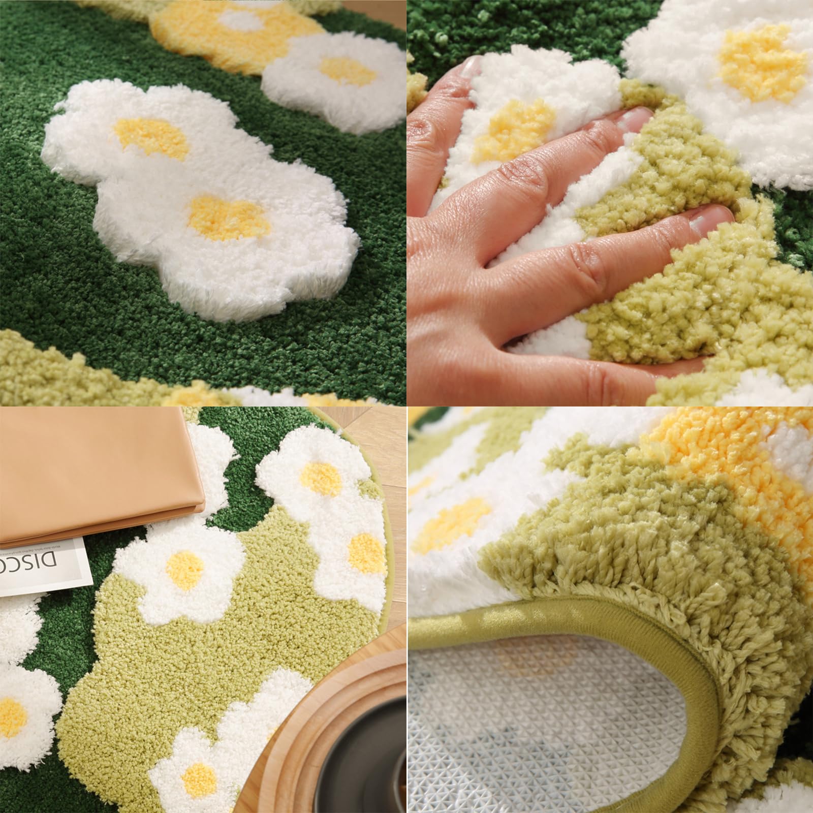 Tappetino da bagno con margherita muschio, morbido e assorbente, in microfibra, antiscivolo, motivo piante bohémien, arte astratta, tappeto da bagno con erba verde, tappetino da bagno per porta