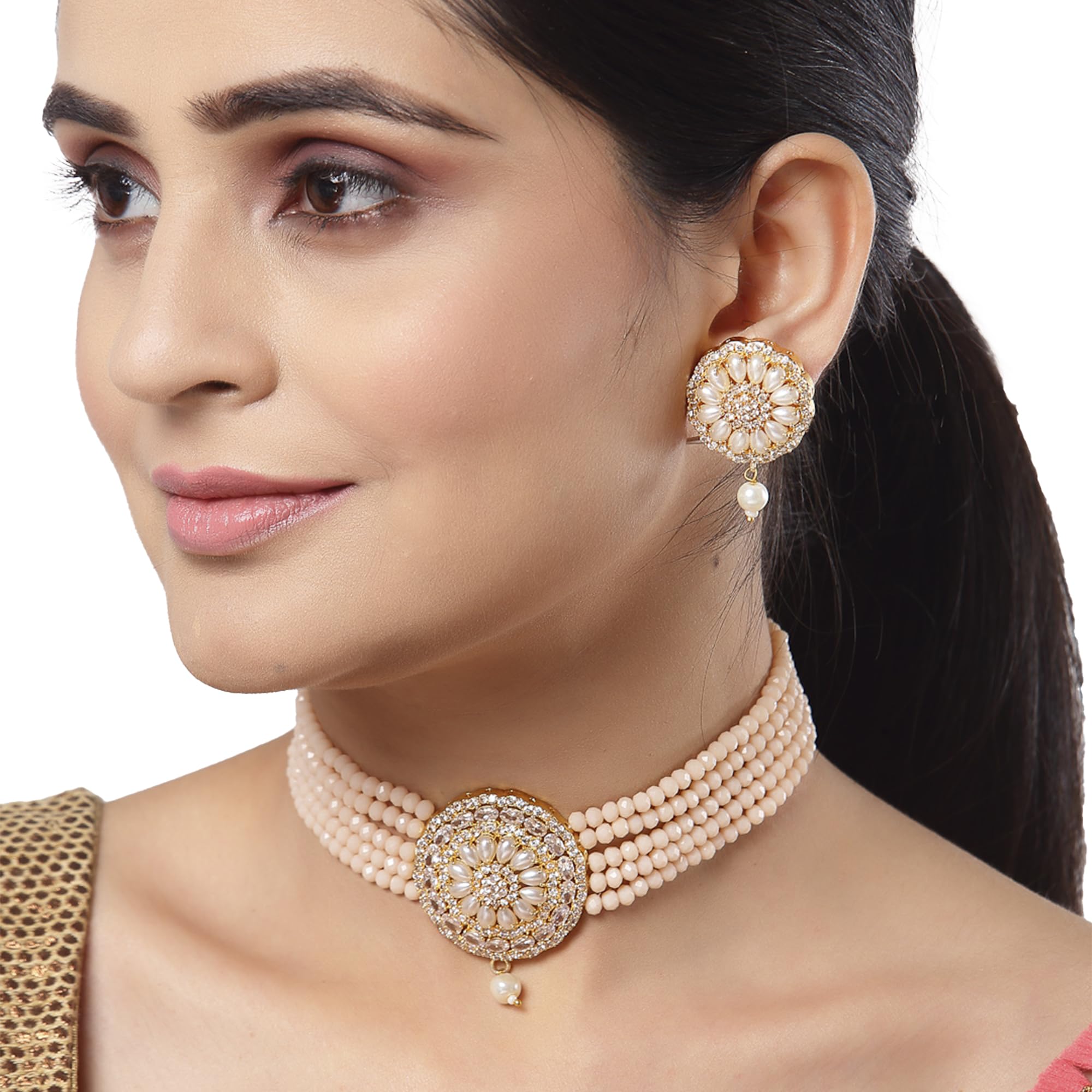American Diamond Pearl Choker Necklace Earring Set