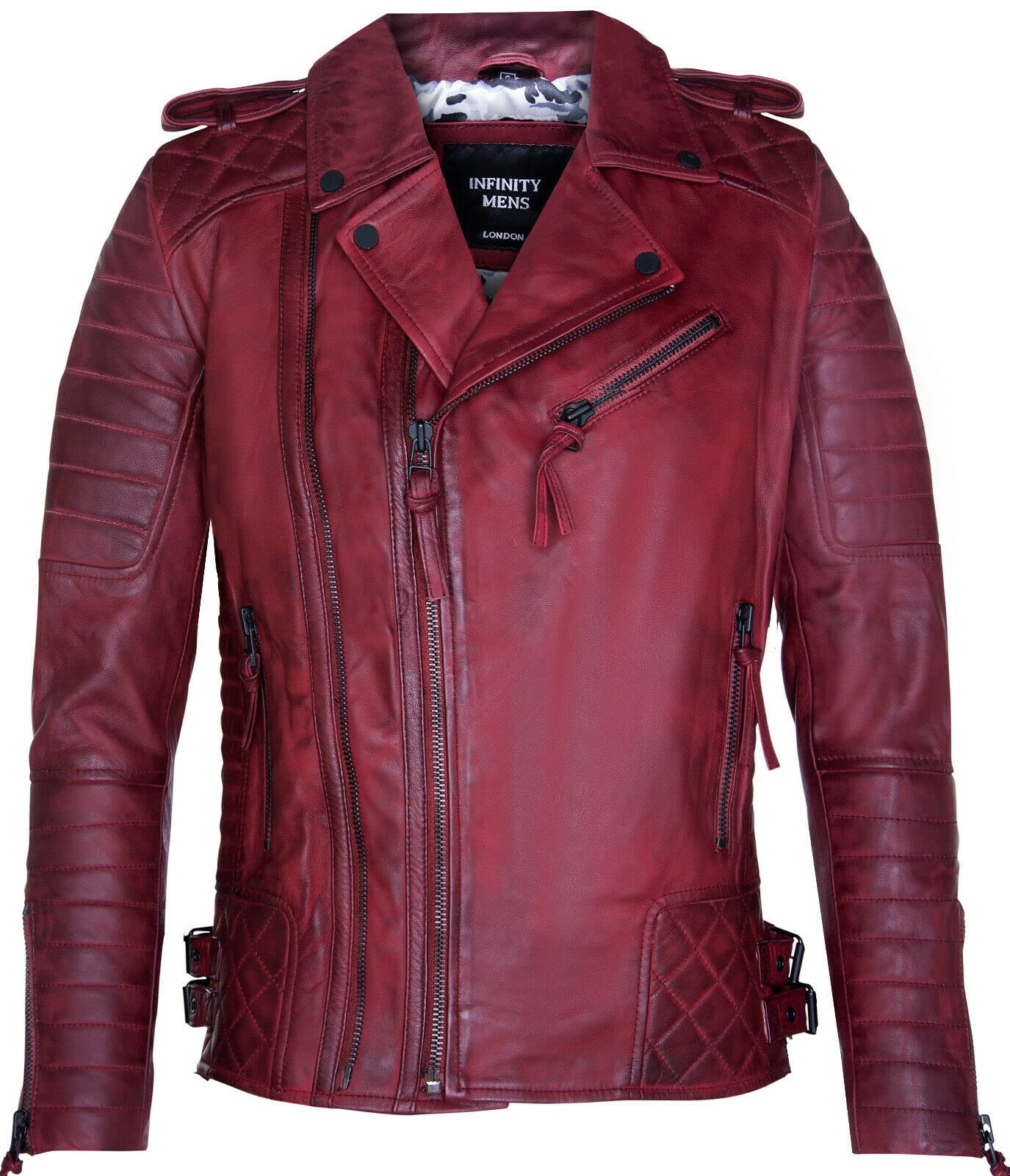 Infinity Leather Men's   Double Zip Burgundy Leather Biker Jacket-Sandbach in Size L, BrandAlley