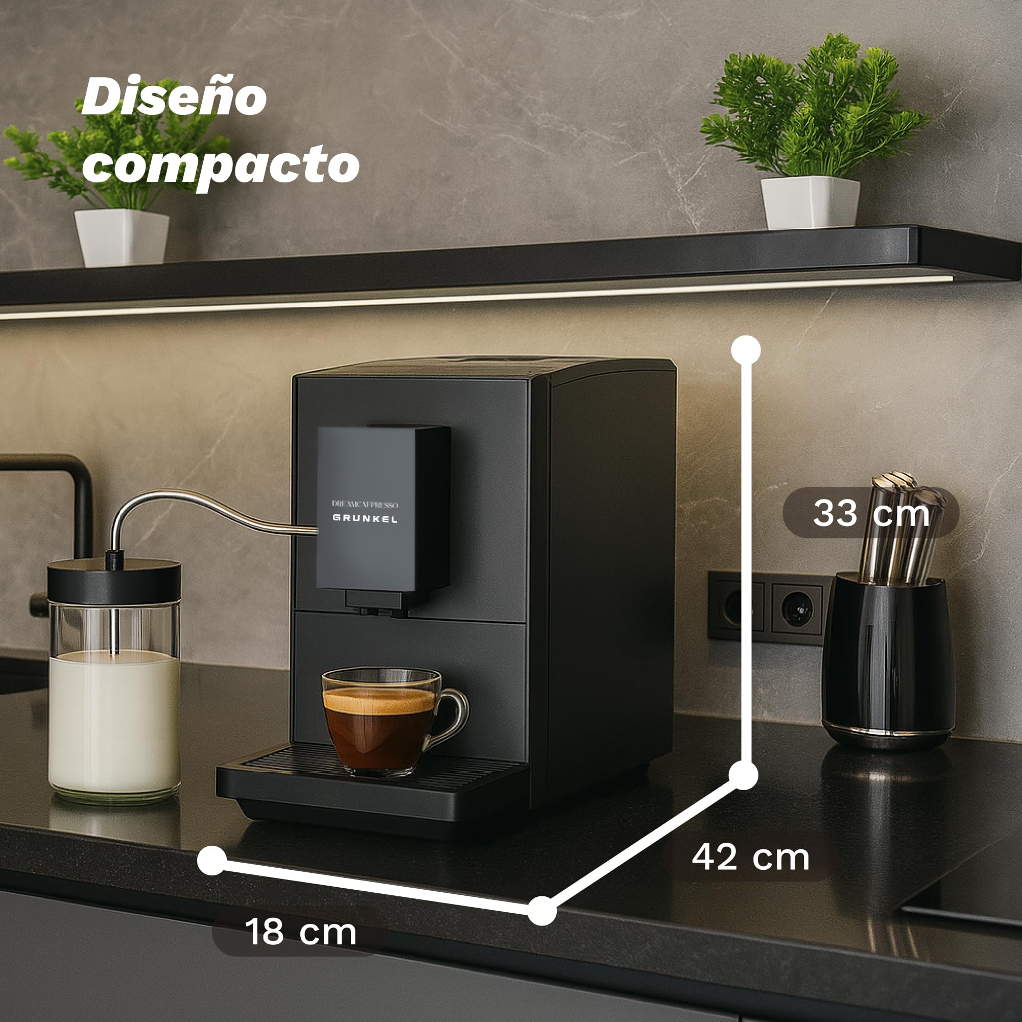 Grunkel DREAMCAFPRESSO Super automatyczny ekspres do kawy, 1,2 l, 5 napojów, ekran dotykowy, automatyczny spieniacz i podgrzewacz do mleka, zdejmowany młynek, 20 bar