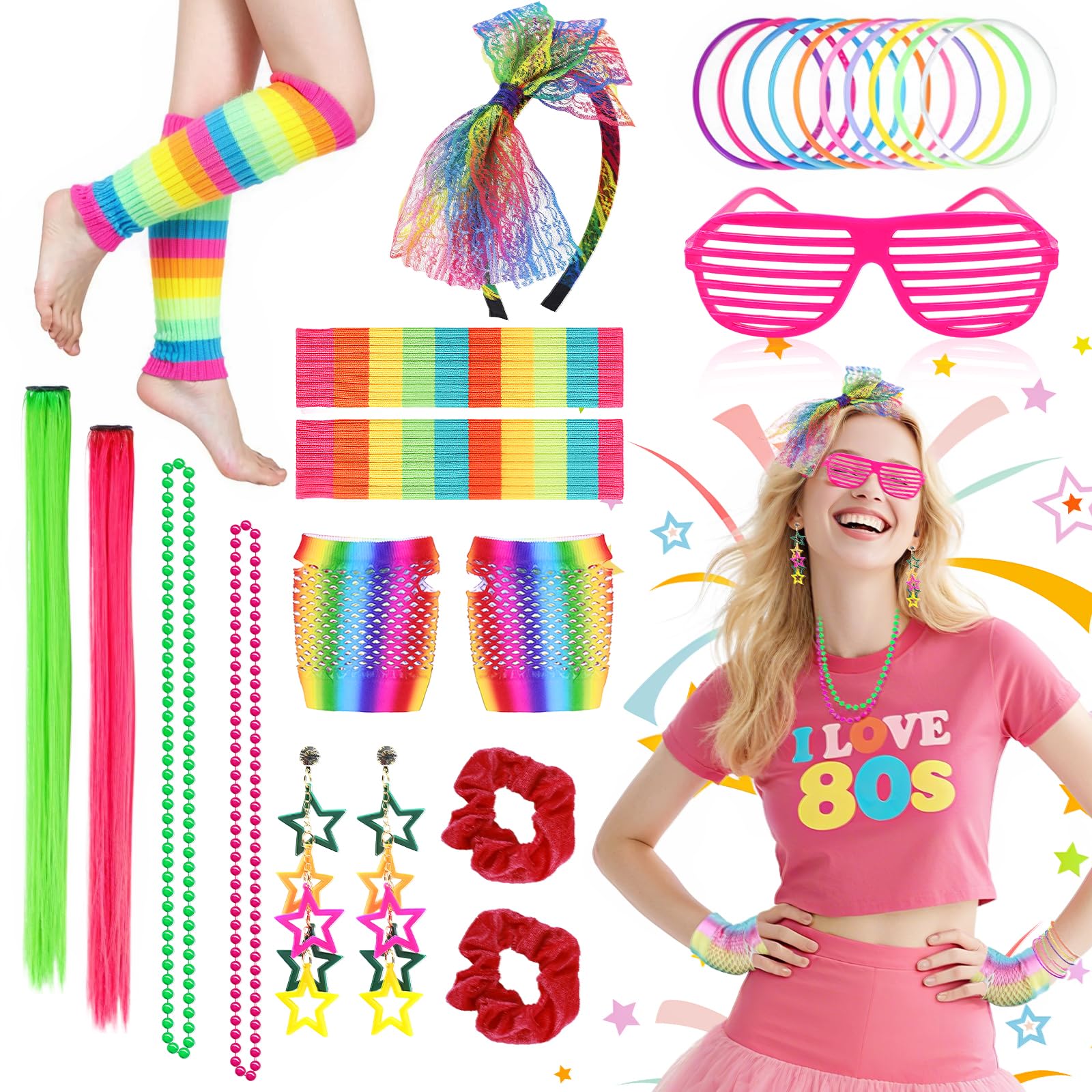 80s Costume Accessories Set for Women, 1980s Fancy Dress Costume Kit with Neon Necklace Headband Fishnet Gloves Glasses Bracelets Scrunchies Leg Warmers Earrings Hair Extensions for 80s Retro Party