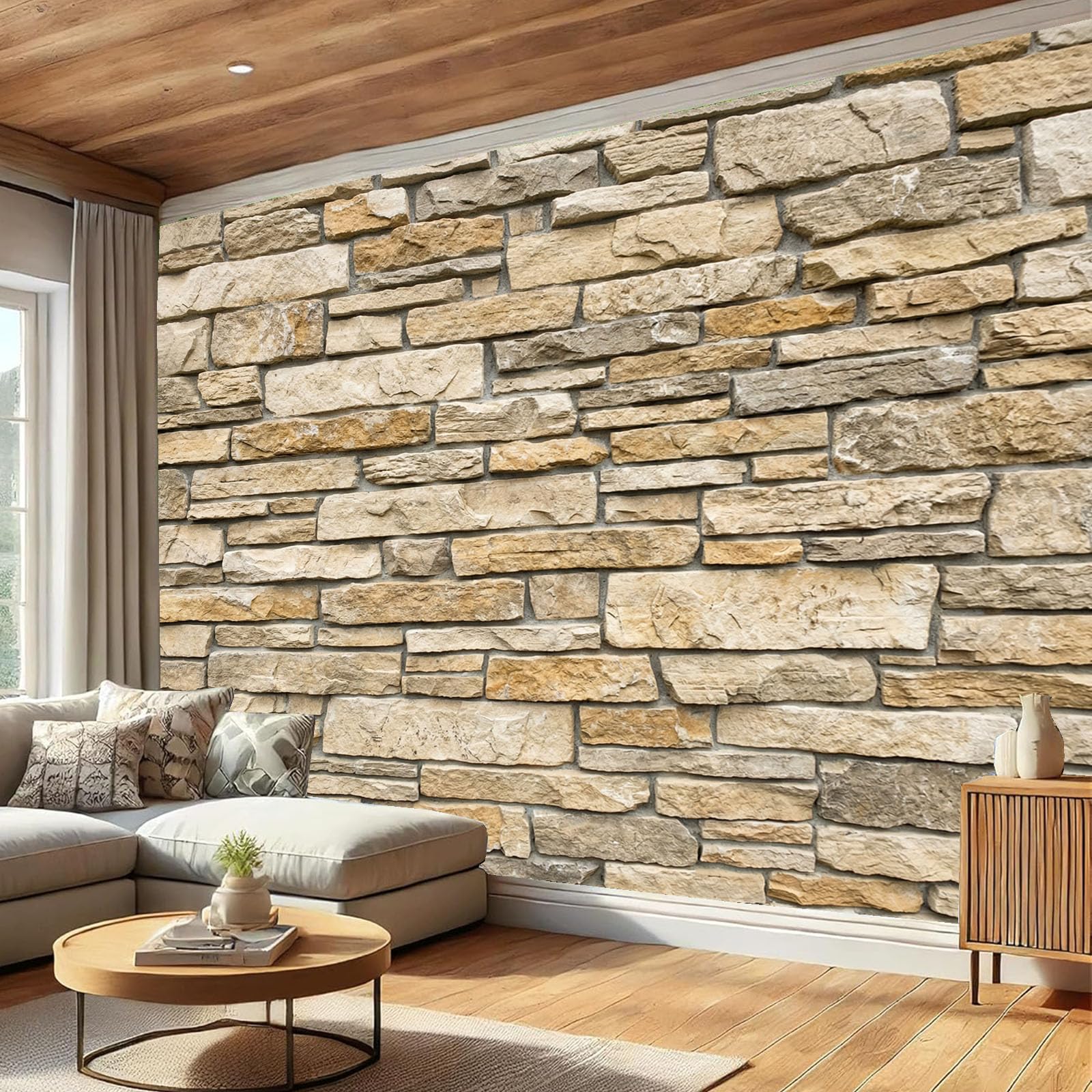 Papier peint panoramique effet 3D brique rurale beige poster mural rétro moderne