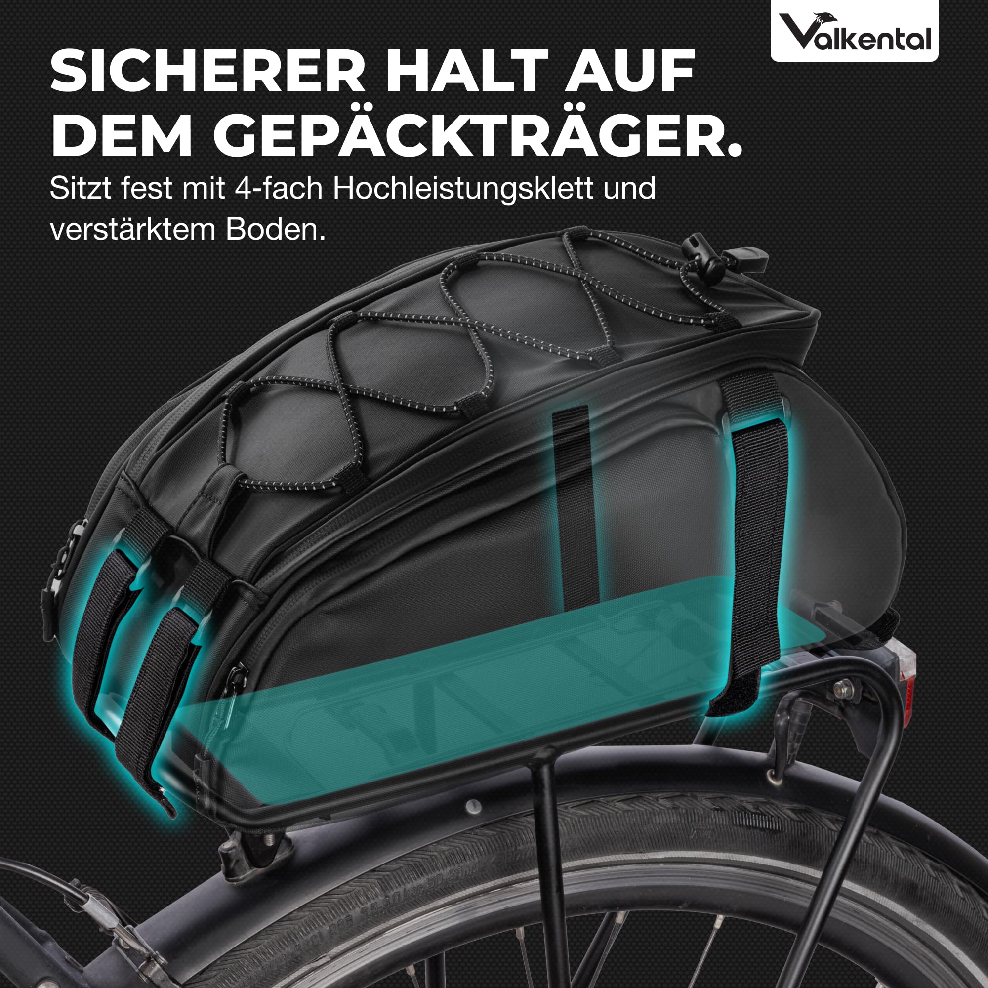 Valkental 3in1 Fahrradtasche für Gepäckträger mit Rucksackfunktion - 10-14L Volumen - Gepäckträgertasche mit zahlreichen Fächern - Wasserfest & Reflektierend - Mit Tragegriff - Geprüfte Qualität