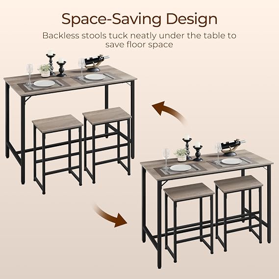 Yaheetech 47.5 Counter Height Table, Bar Table and Chairs Set for 2, Gray | Industrial Kitchen Table, Space Saving High Top Pub Table with Bar Stools for Small Space, Apartment