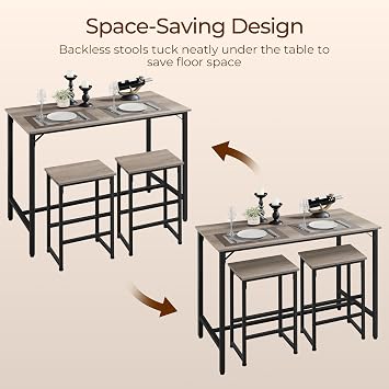 Yaheetech 47.5 Counter Height Table, Bar Table and Chairs Set for 2, Gray | Industrial Kitchen Table, Space Saving High Top Pub Table with Bar Stools for Small Space, Apartment