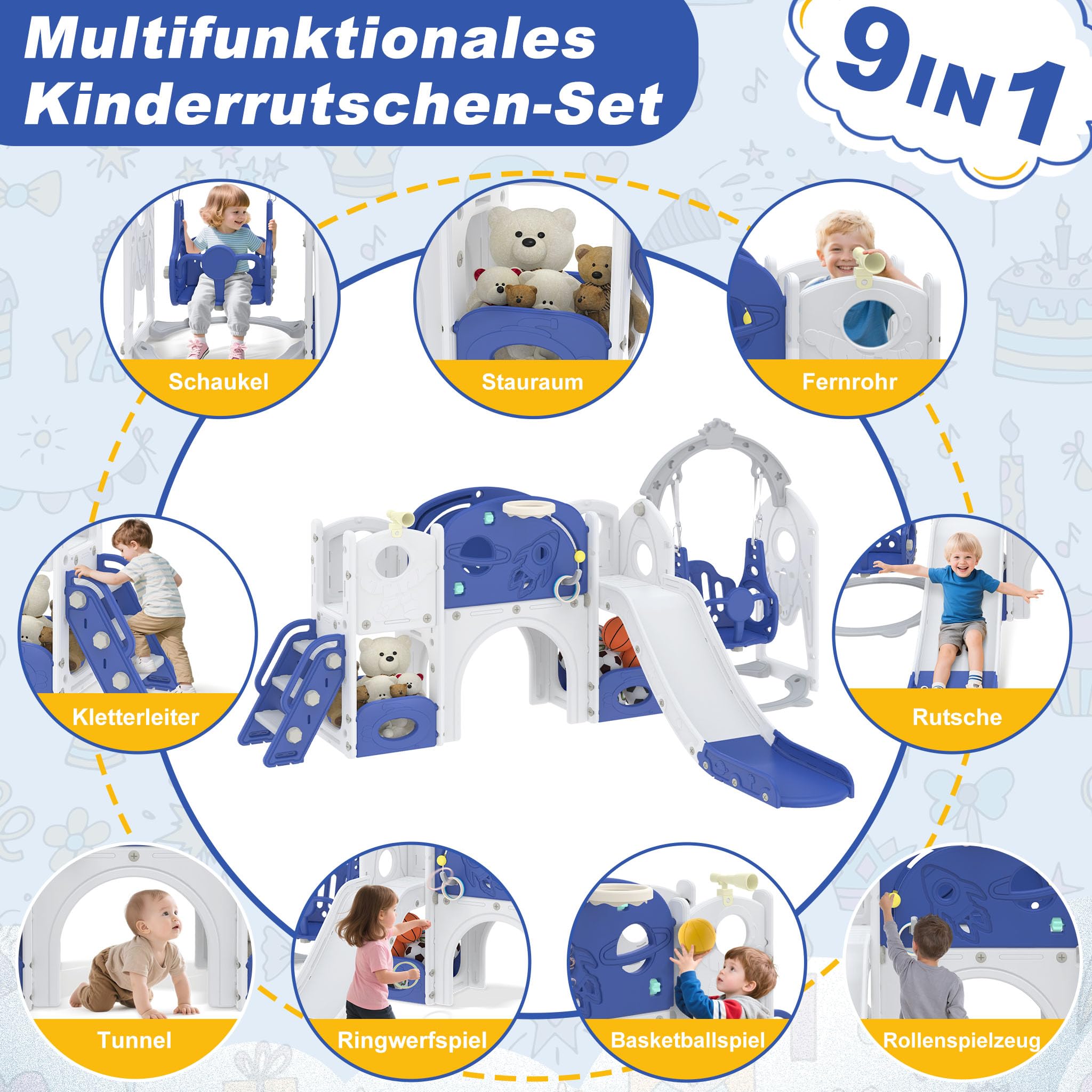 Scivolo per bambini 6 in 1 - composto da uno scivolo, un canestro da basket, una scala