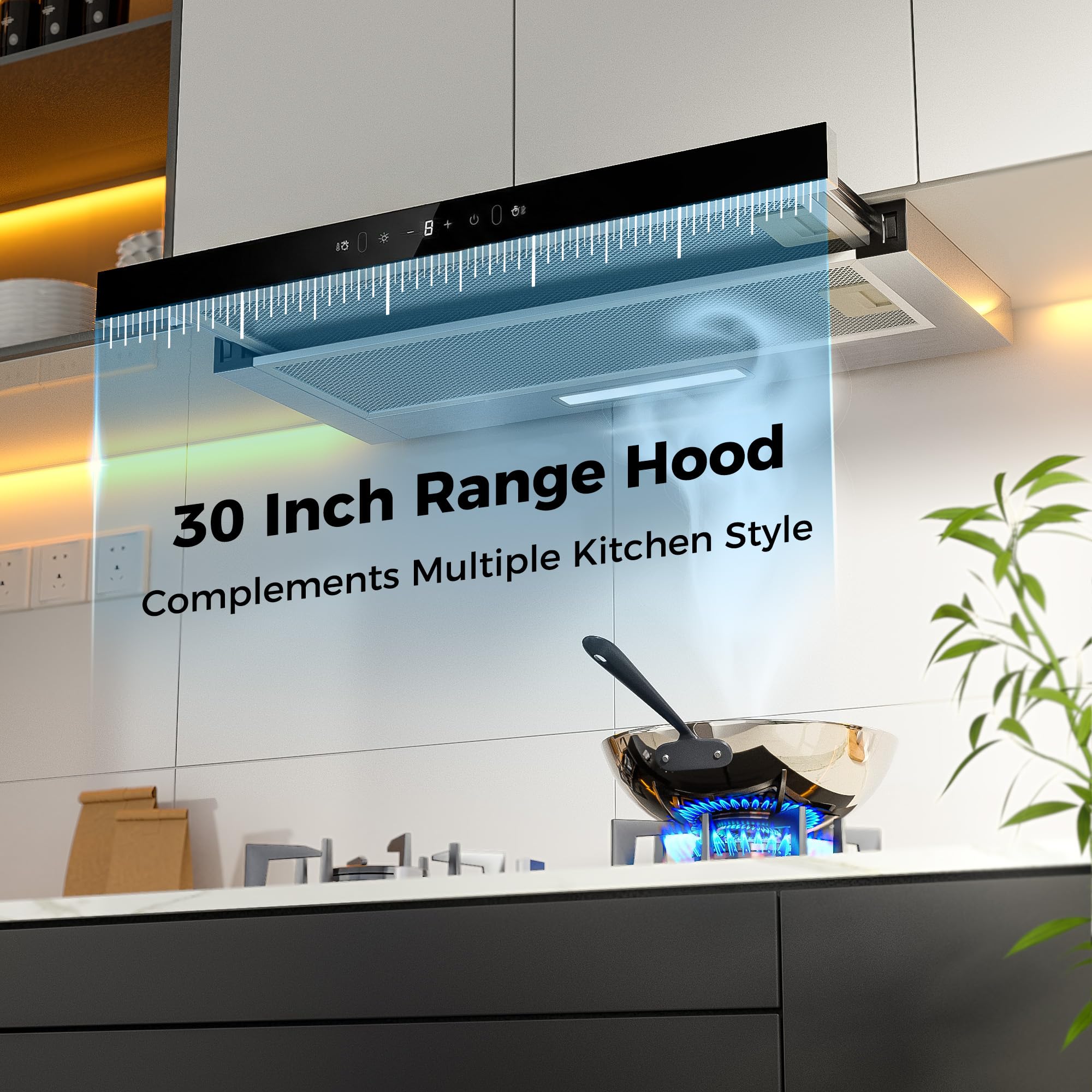 Range Hood 30 Inch Under Cabinet, Kitchen Hood with 750 CFM, 3-Speed Gesture Sensing & Touch Control, Stainless Steel Vent Hood with Pull-out Panel, LED Lights, 2 Pcs Aluminum Filters - 3