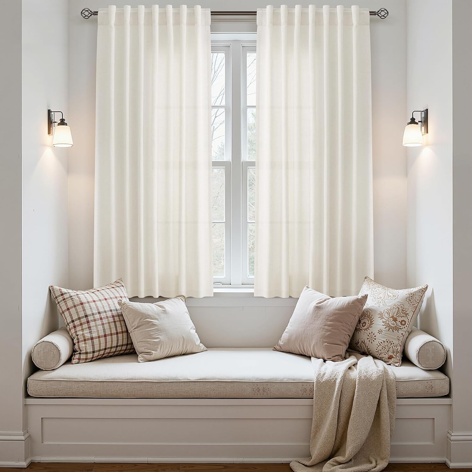 Nanspring Linen Curtains 63 Inches Long Short Curtain 2 Panels for Living Room Semi Sheer Back Tab Rod Pocket Light Filtering Privacy Soft Lightweight Drapes for Bedroom Natural Cream W50 x L63