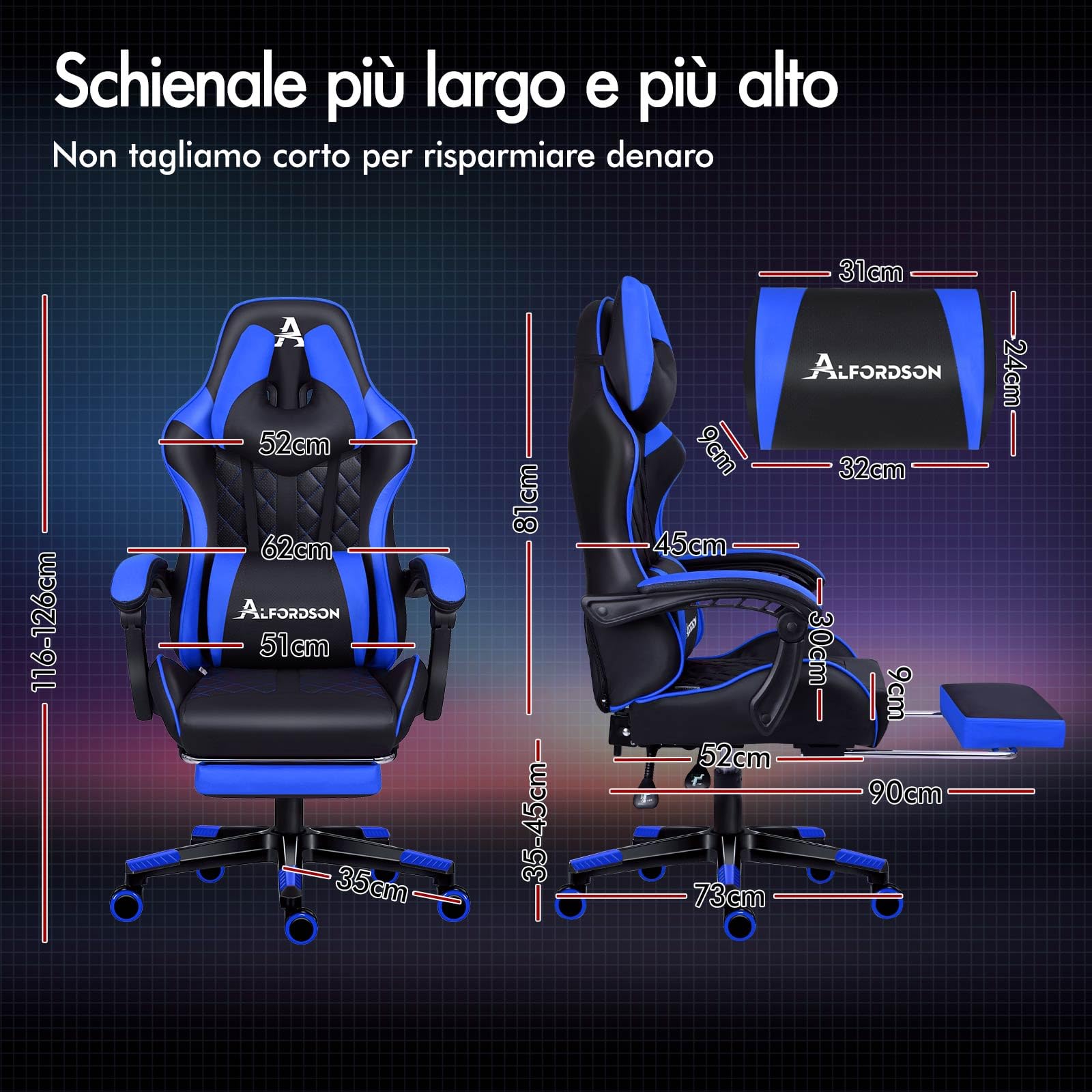 ALFORDSON Sedia Gaming Ergonomica Reclinabile con Poggiapiedi Blu | Poltrona Gamer in Similpelle Serie ETHAN, Schienale regolabile, con supporto lombare e poggiatesta, portata 180 kg