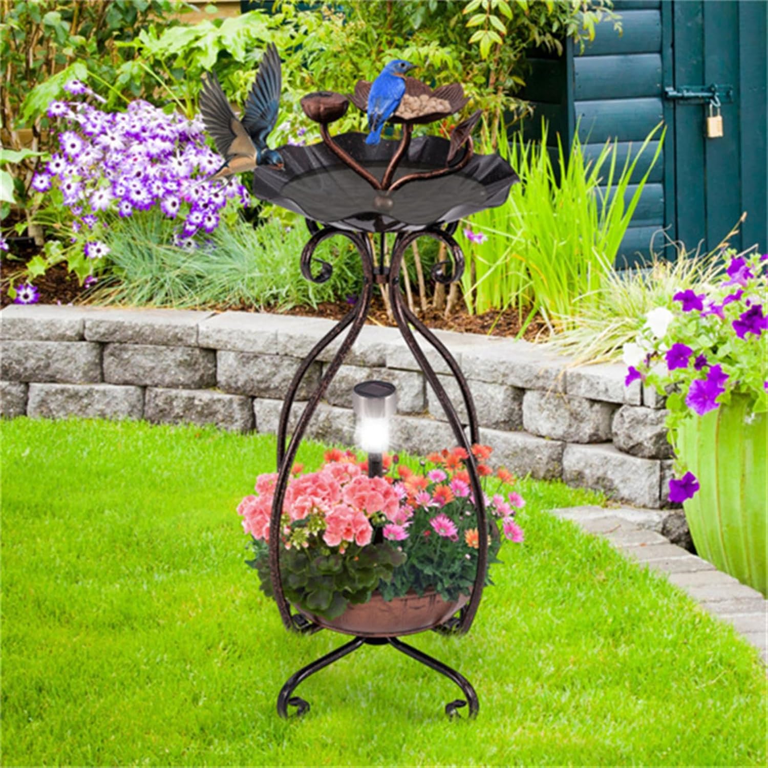 Bird Feeder and Drinking Stand, Solar Bird Bath Feeder Combo, Multi-Function Bird Energy Station with Flower Pot Base and Solar Light, Bird Pet Supplies, Bronze