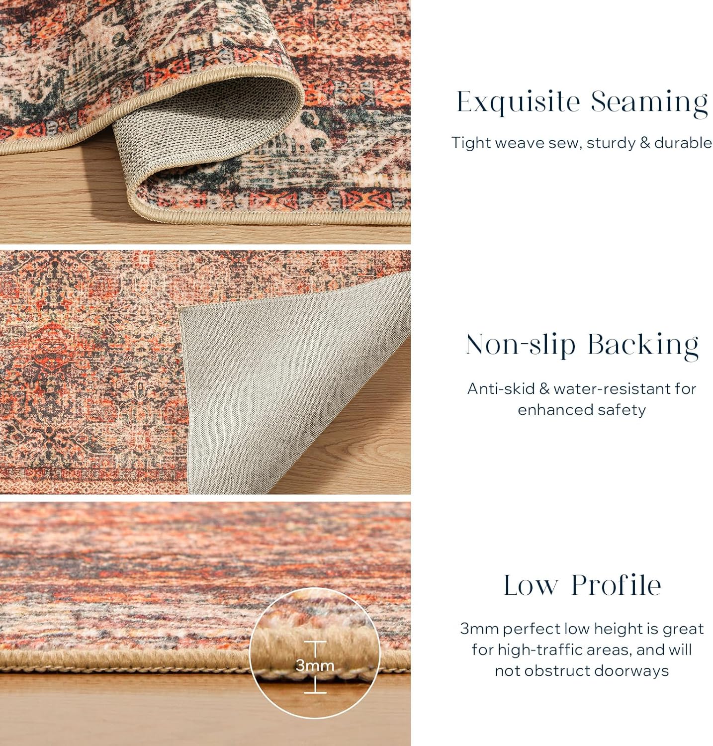 Phantoscope Washable Area Rug 5'x7' Non-Slip, Vintage Neutral Xmas Rugs for Living Room, Bedroom, Dining Room, Distressed Boho Floral Medallion Pattern, Low-Pile Foldable Floor Carpet, Brick Red/Black