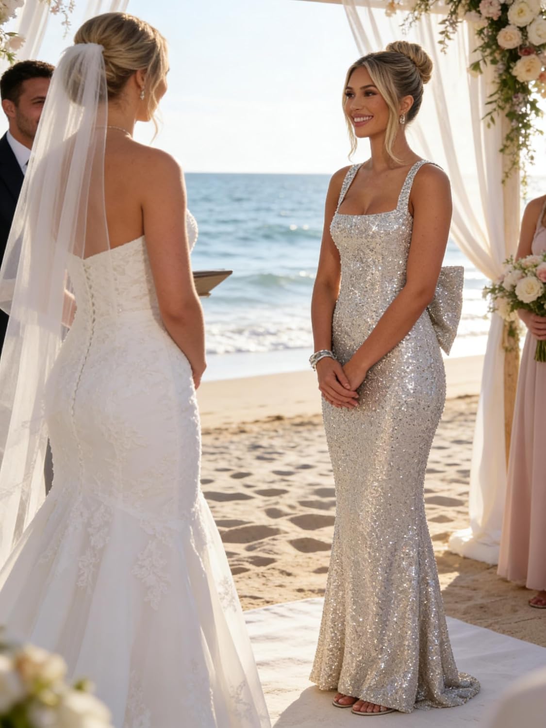 Sequin Prom Dresses Long Mermaid Evening Party Gown with Bow Square Neck Sparkly Formal Dress