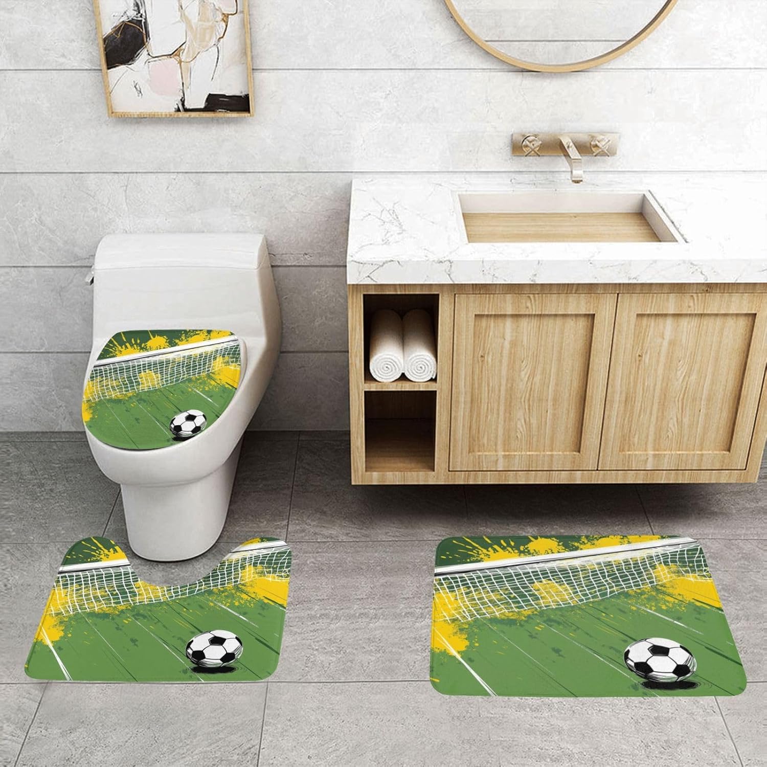 3 Piece Soccer Ball in Goal Area Bathroom Rugs Set, Non-Slip Absorbent Microfiber Bath Mat Set with U-Shaped Toilet Mat for Bathroom Tub Shower