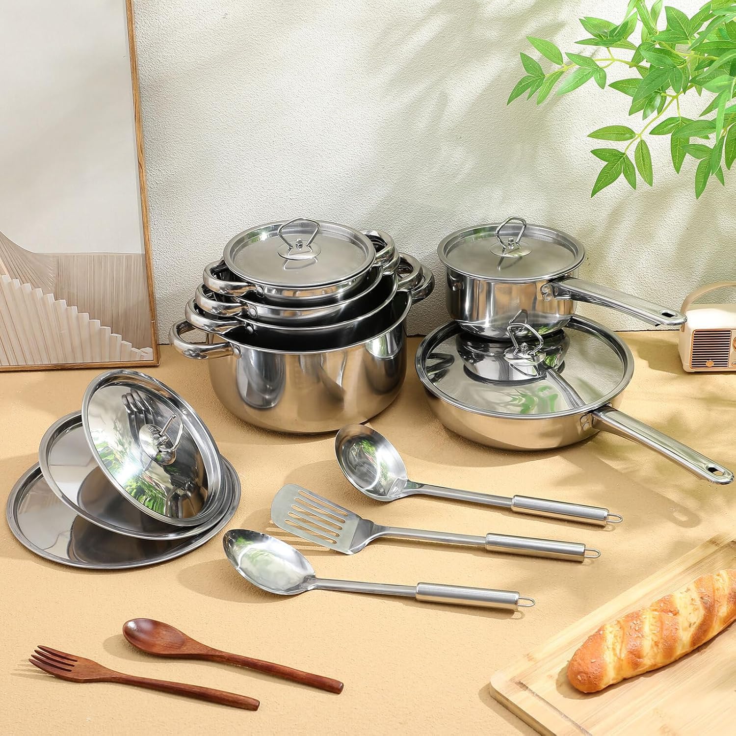 15pcs Stainless Steel Cookware Set with Induction Multi-layer Base, Saucepan and Frying Pan Collection, Dishwasher Safe Kitchen Cooking Utensils for Home and Professional Use