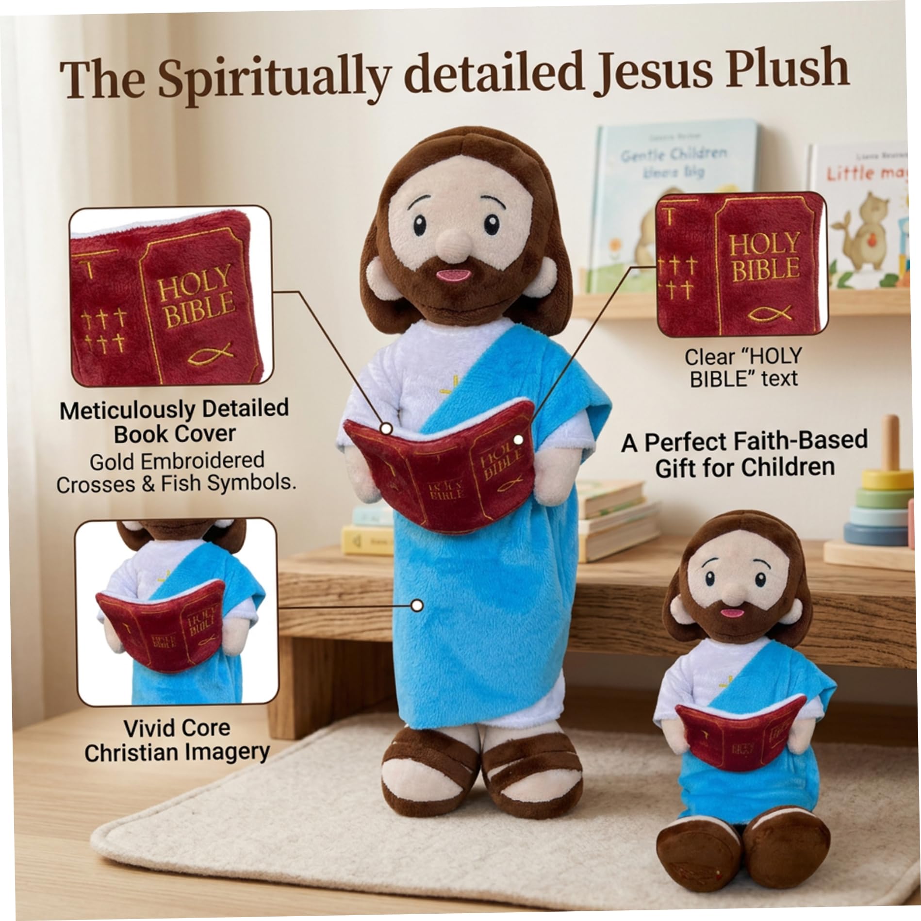 Muñeco de Peluche de Jesús, Peluche Suave de Jesús de 12 Pulgadas con Cruz y Detalle de la Biblia, Lindo muñeco de para decoración del hogar, Juguete religioso para niños y Adultos