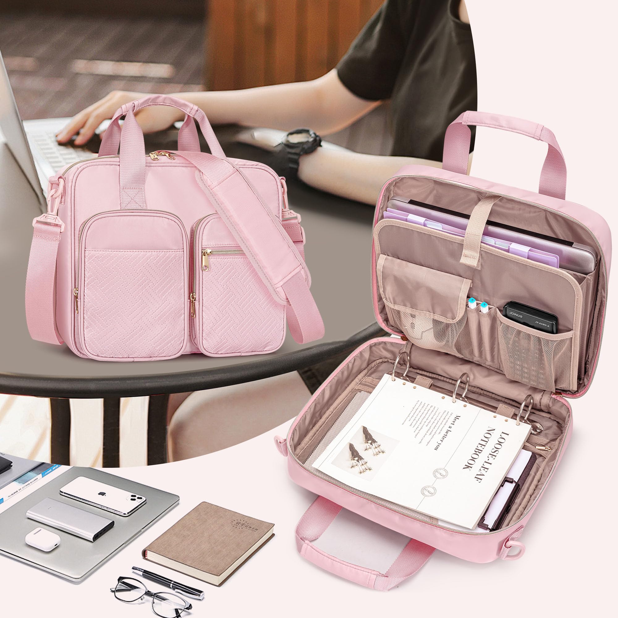 Raccoglitore ad Anelli con Cerniera a 3 Anelli, Borsa Organizer da 2 Pollici con Tracolla Adatta a Laptop da 13 Pollici e 500 Fogli, Rose (Solo Borsa Vuota)