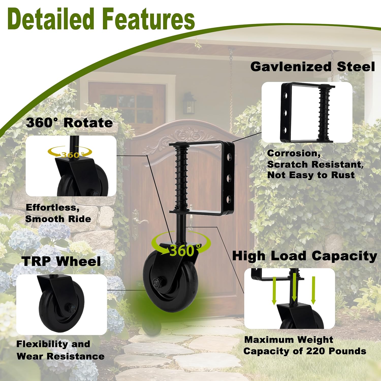 4.3" Heavy Duty Gate Wheel - Spring Loaded Caster with TPR Non-Slip Wheel, Industrial Bearings, Dual Corrosion Resistance, for Wooden/Metal/Fence Gates, Black, 2 Pack - Image 4