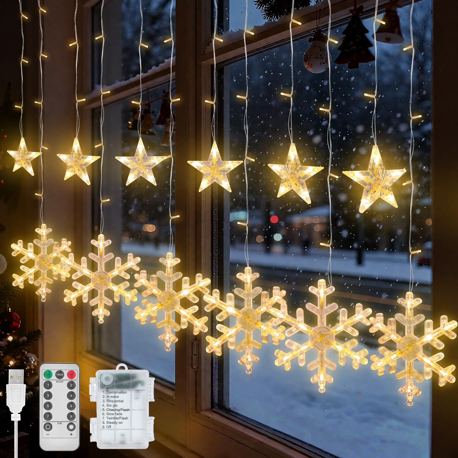 Jsdoin White Christmas Window Lights, 3.5M 138 Led Stars Snowflake Curtain String Lights With 8 Flashing Modes Usb+Battery-Powered Fairy Light For Christmas Tree,Xmas Wedding Decoration(Warm )