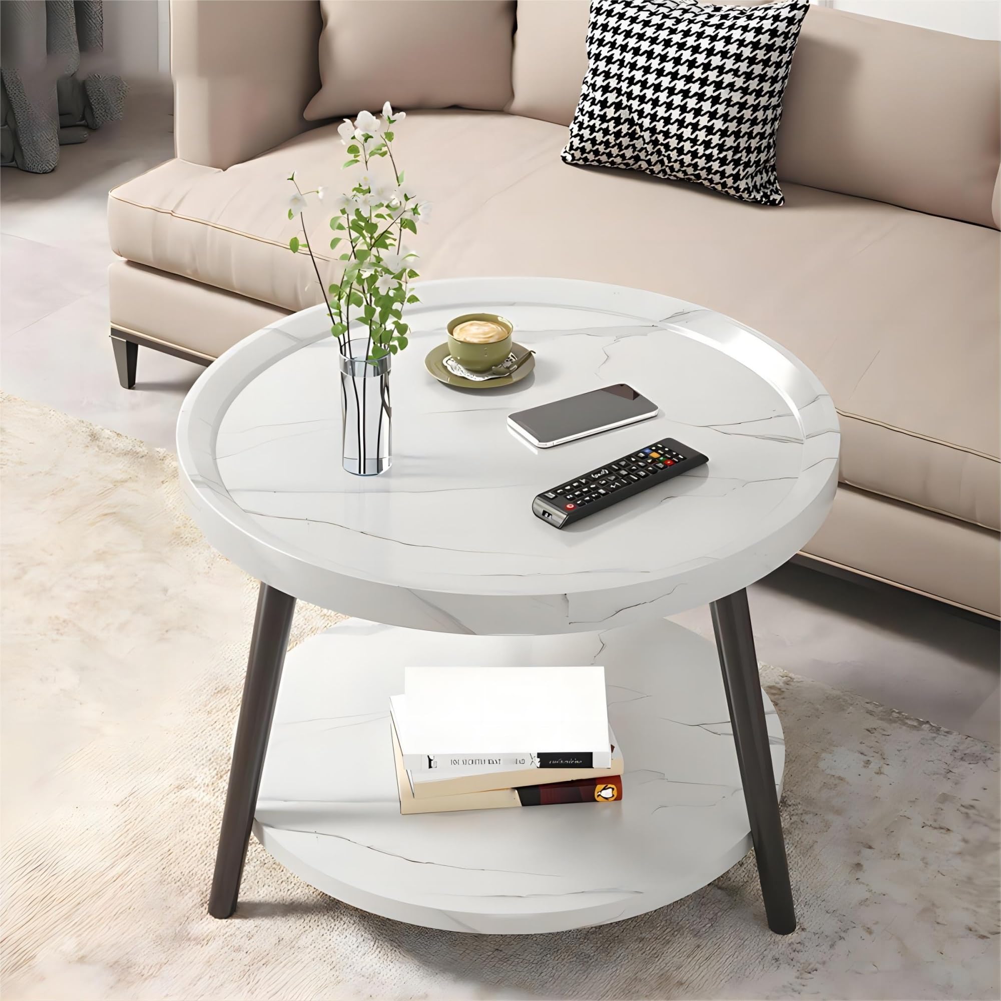 Table Basse Ronde, Table de Salon Avec Étagère de Rangement À 2 Niveaux, Table Centrale Moderne Simple en Bois, Table D'appoint de Canapé Moderne, Table de Chevet ( Color : White , Size : 50*50*48cm )