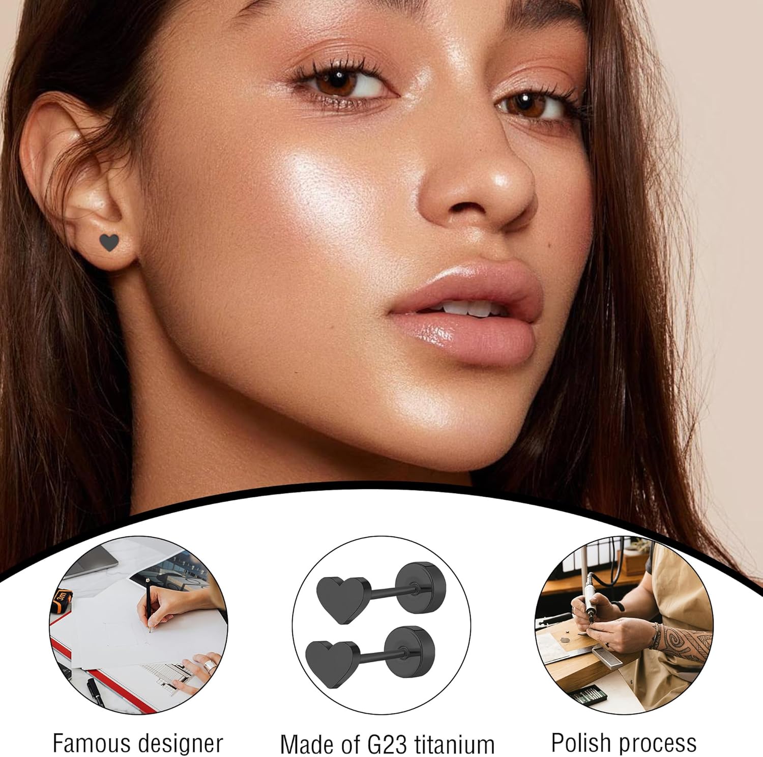 ZDE Women Flat Back Heart Earrings Non-Nickel Star Earrings Titanium Hypoallergenic Cartilage Moon Earrings Stud for Sensitive Ears Simple Classic 5mm Flat Stud Earring - Image 3