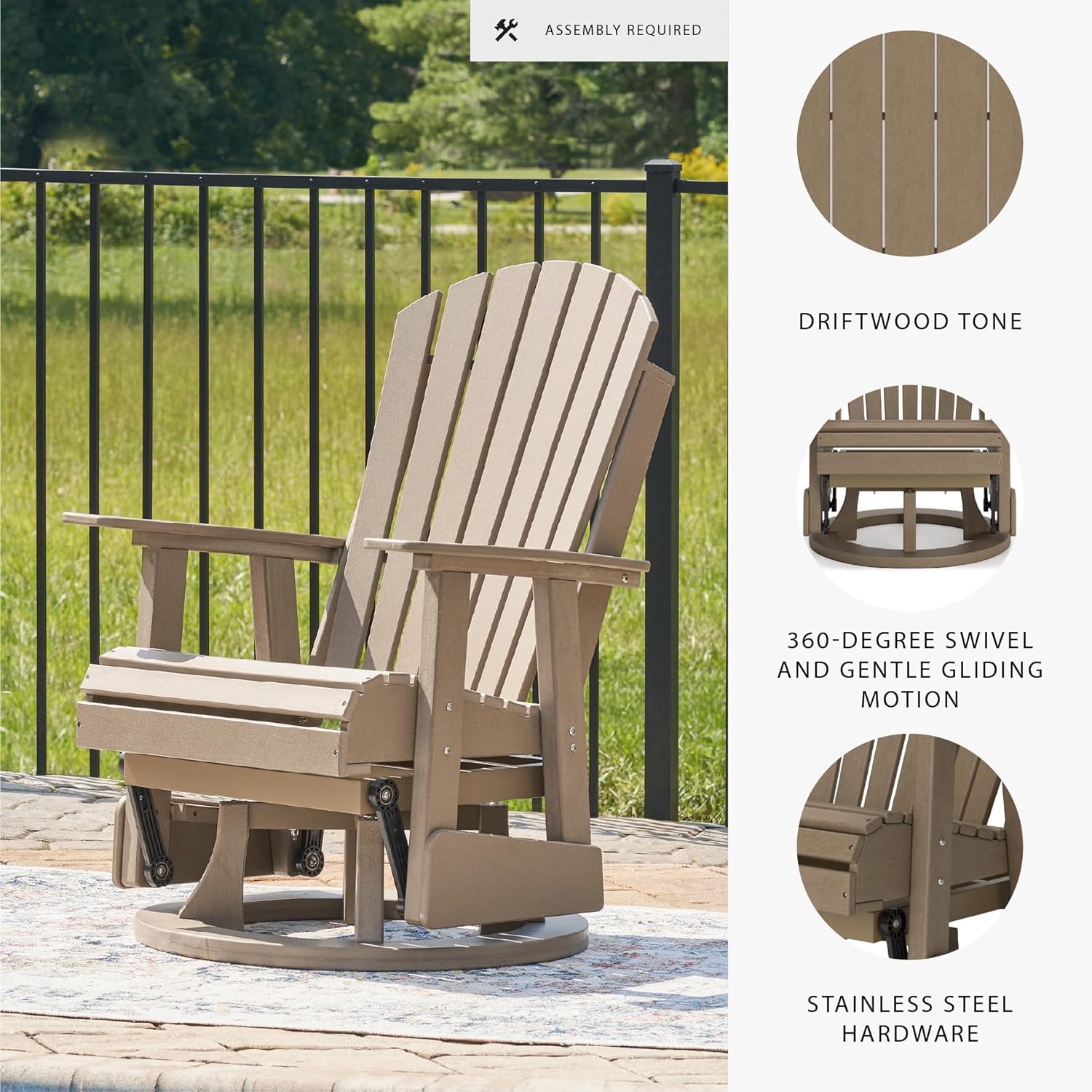 Signature Design by Ashley Hyland Wave Contemporary Swivel Glider Adirondack Chair with 360-Degree Swivel, Weather Resistant HDPE, 18" Seat Height, Brown