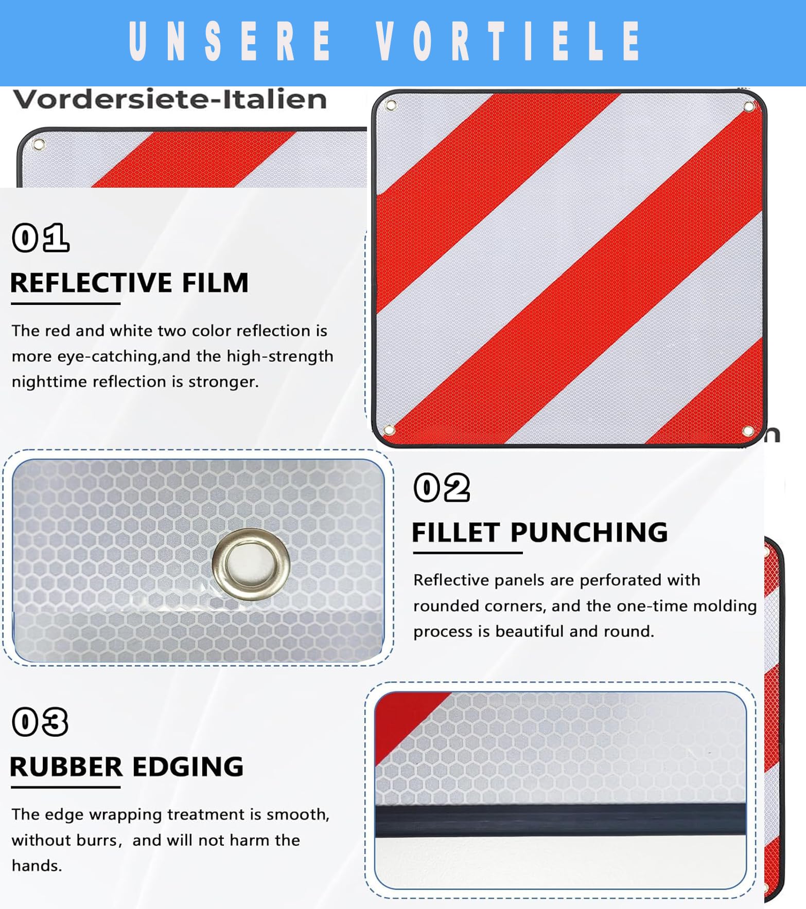 Warntafel für Italien Spanien und Portugal Fahrradträger,3 In 1 Alu Reflektierend Warnschild(50 x 50 cm) mit 4X Spannseile,Zertifizierte für Fahrradträger Heckträger & Auto Wohnmobil