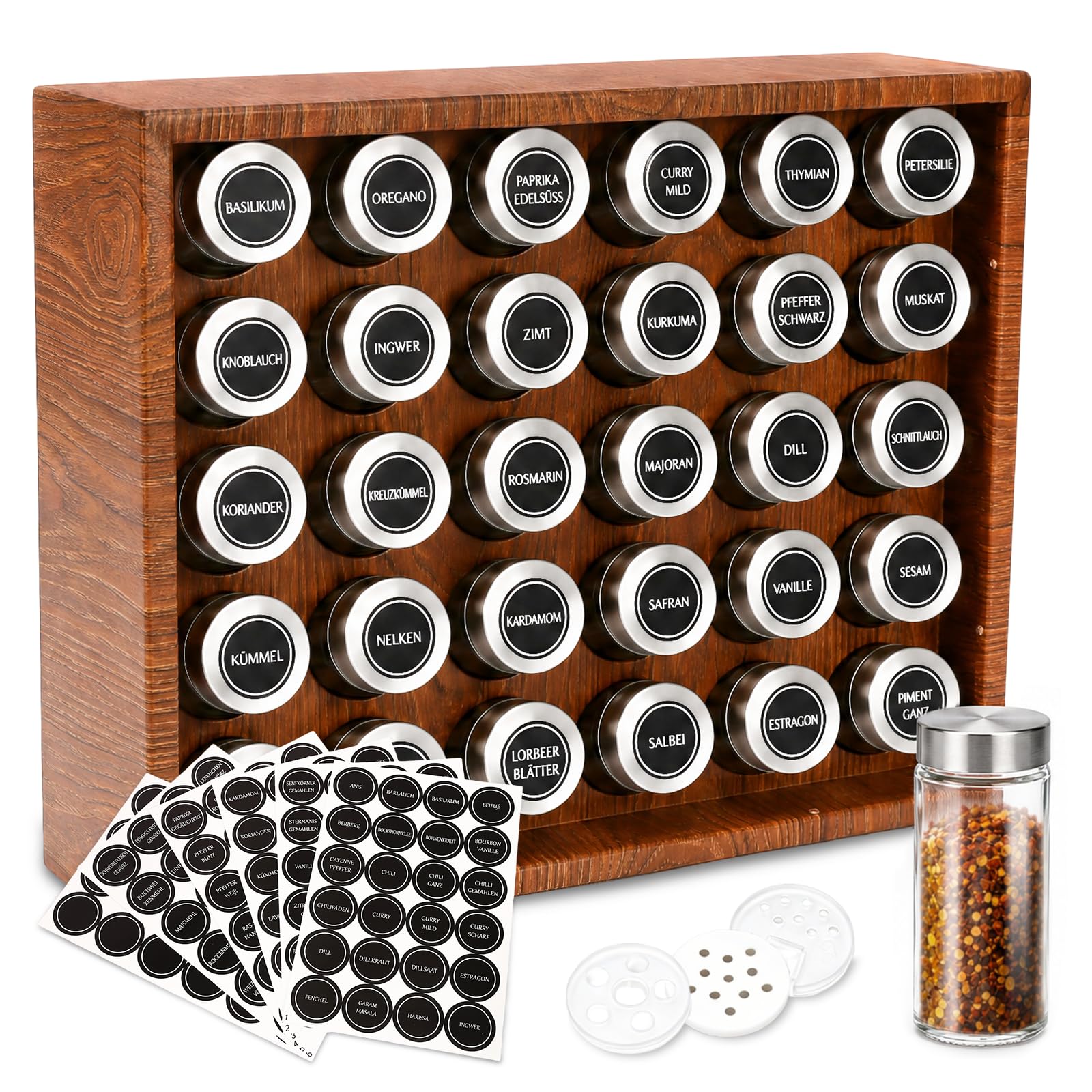 Denmay Gewürzregal mit 30 großen Gewürzdosen, Stabiler kastenförmiger Stahlrahmen in Holzoptik, Spice Rack Organizer Gewürzgläser mit Deckel, Etiketten, Gewürzregal Stehend für Küche und Kaffee-Bar