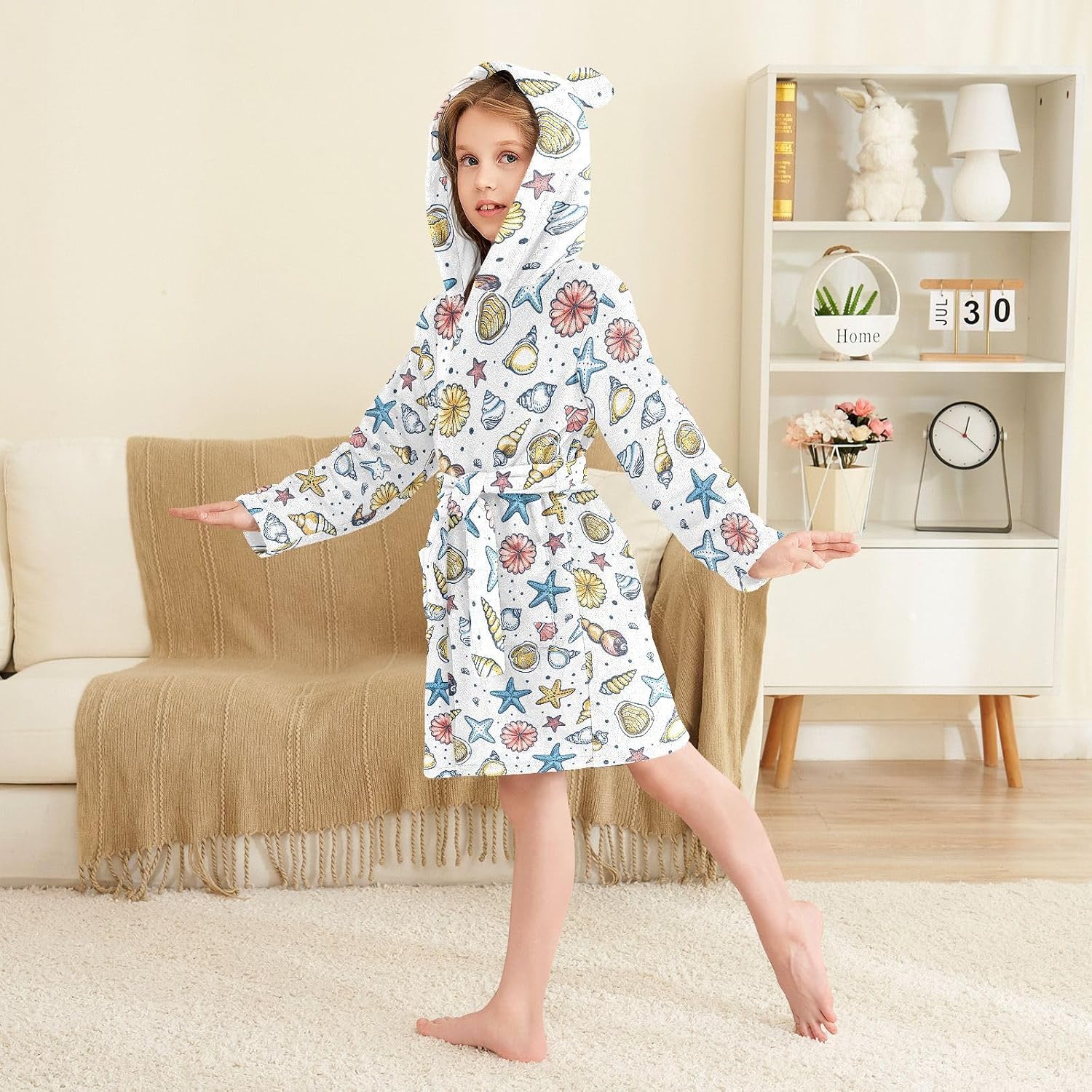 senya Hand Drawn Seashells Toddler Hooded Bathrobe Kids Soft Plush Bath Towel Robes for Boys Girls 2-12 Years