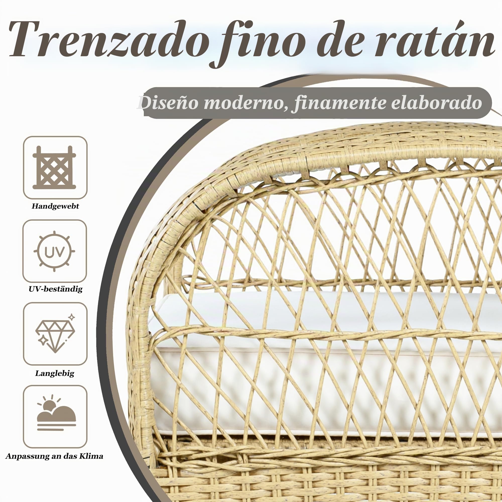 Conjunto de Jardin Exterior de Ratán para 2 Personas, 3 Piezas | Para Terraza Patio, Set Muebles Jardin con Sillones y Mesa de Centro, Mecedora con Cojines, Juego de Muebles de Jardín,Beige
