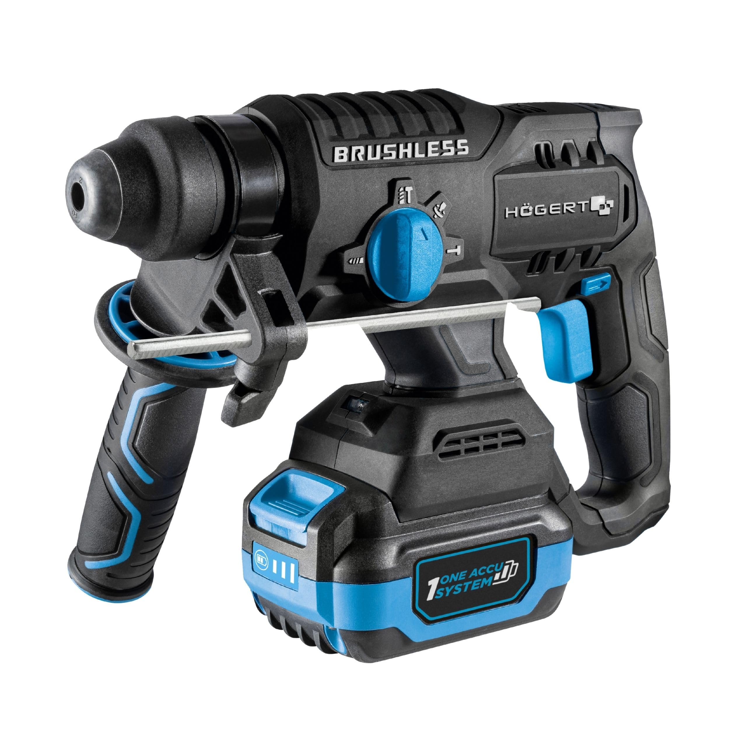 HÖGERT TECHNIK Martillo perforador a batería brushless 18V, 2,0 J, función cincelado, batería 4,0 Ah, cargador 4A, engranaje metálico, LED